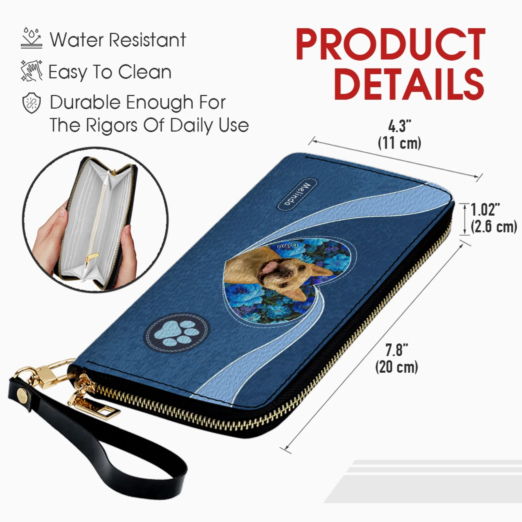 Custom Dog Picture Wallet - Floral Heart Design With Name & Paw Print - 89Prints