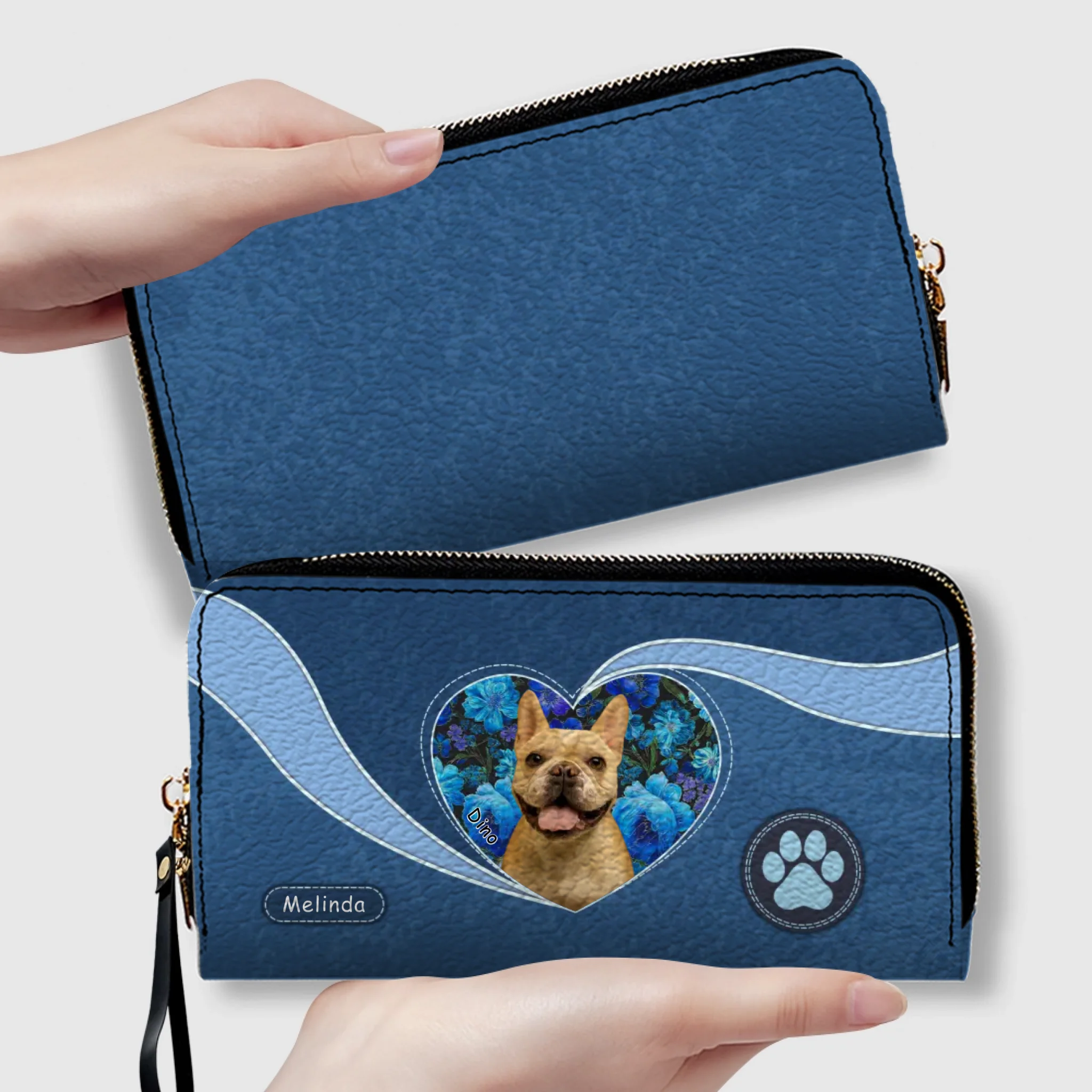 Custom Dog Picture Wallet - Floral Heart Design With Name & Paw Print - 89Prints