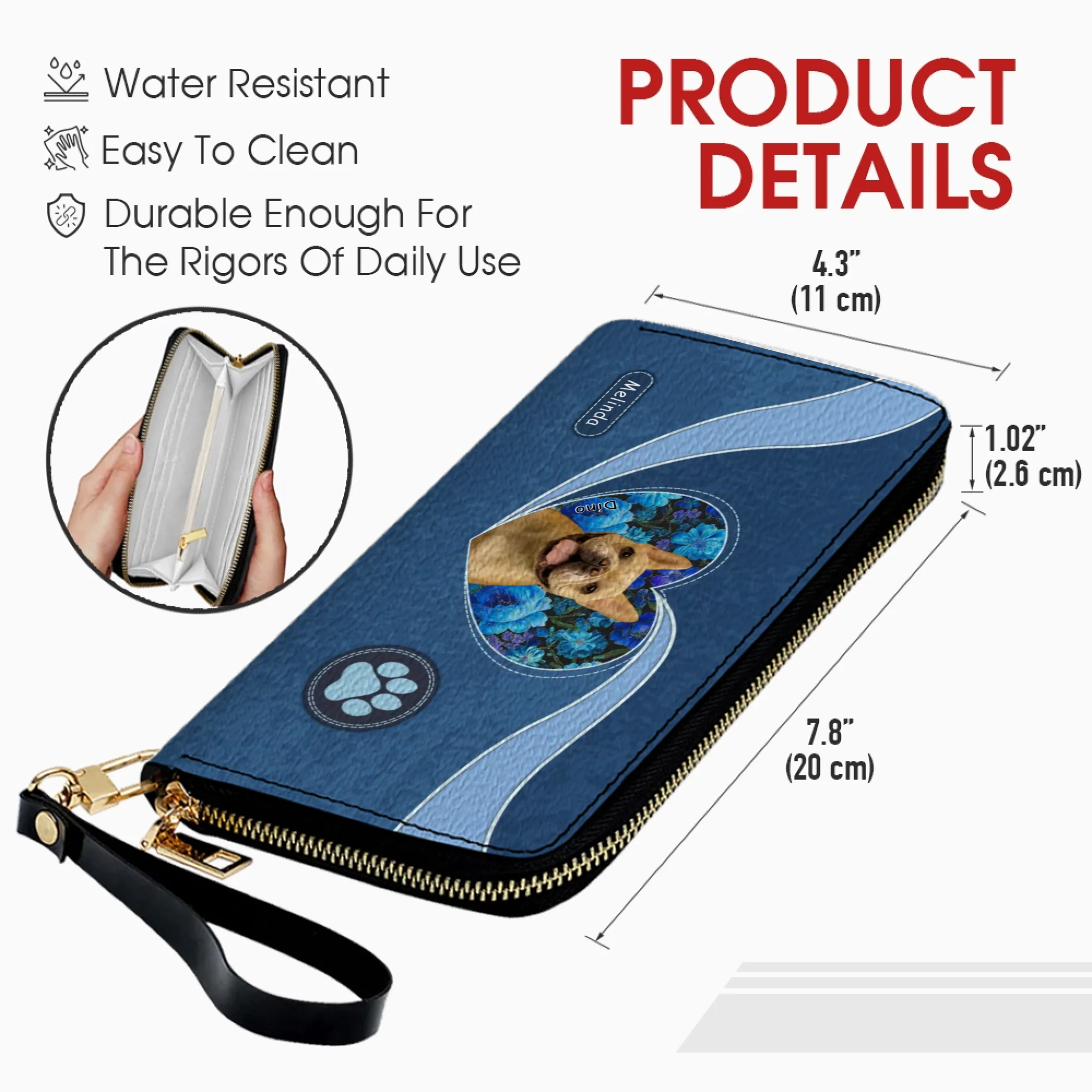 Custom Dog Picture Wallet - Floral Heart Design With Name & Paw Print - 89Prints