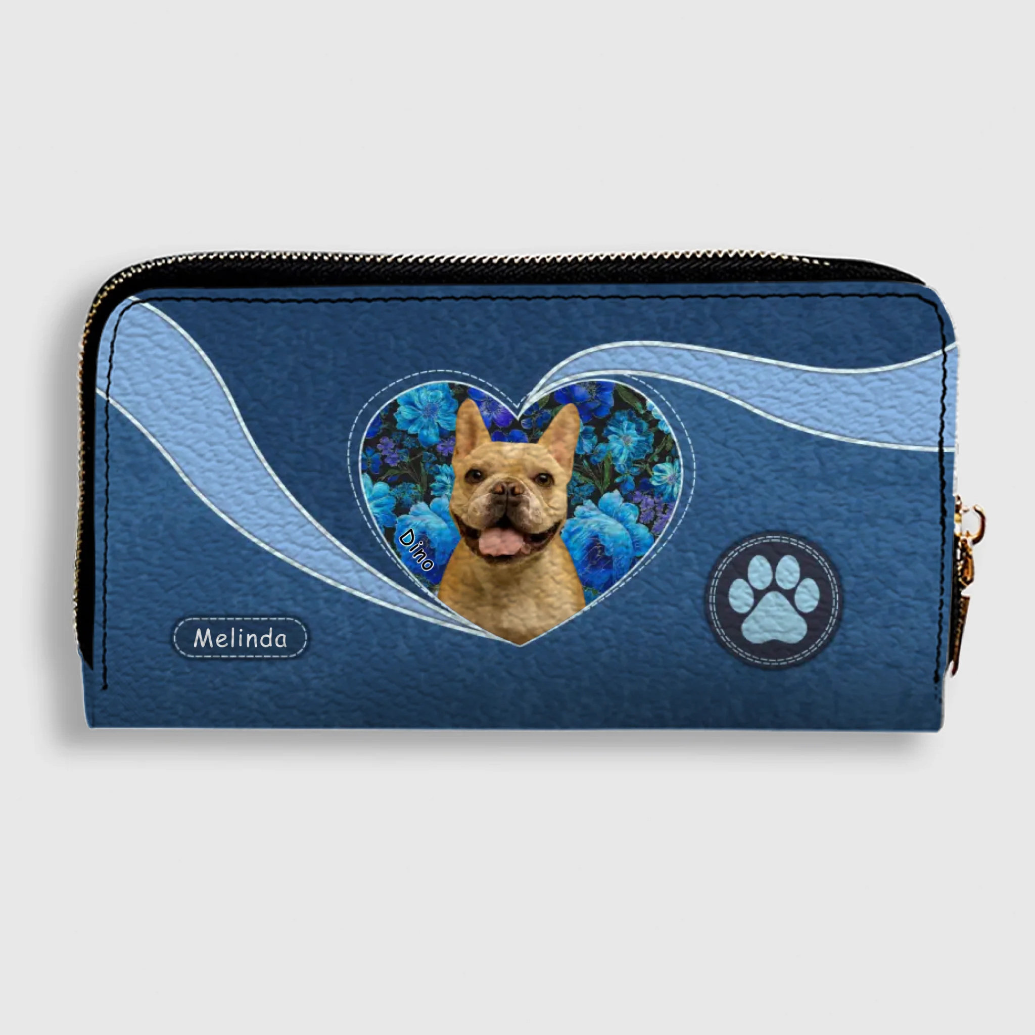 Custom Dog Picture Wallet - Floral Heart Design With Name & Paw Print - 89Prints