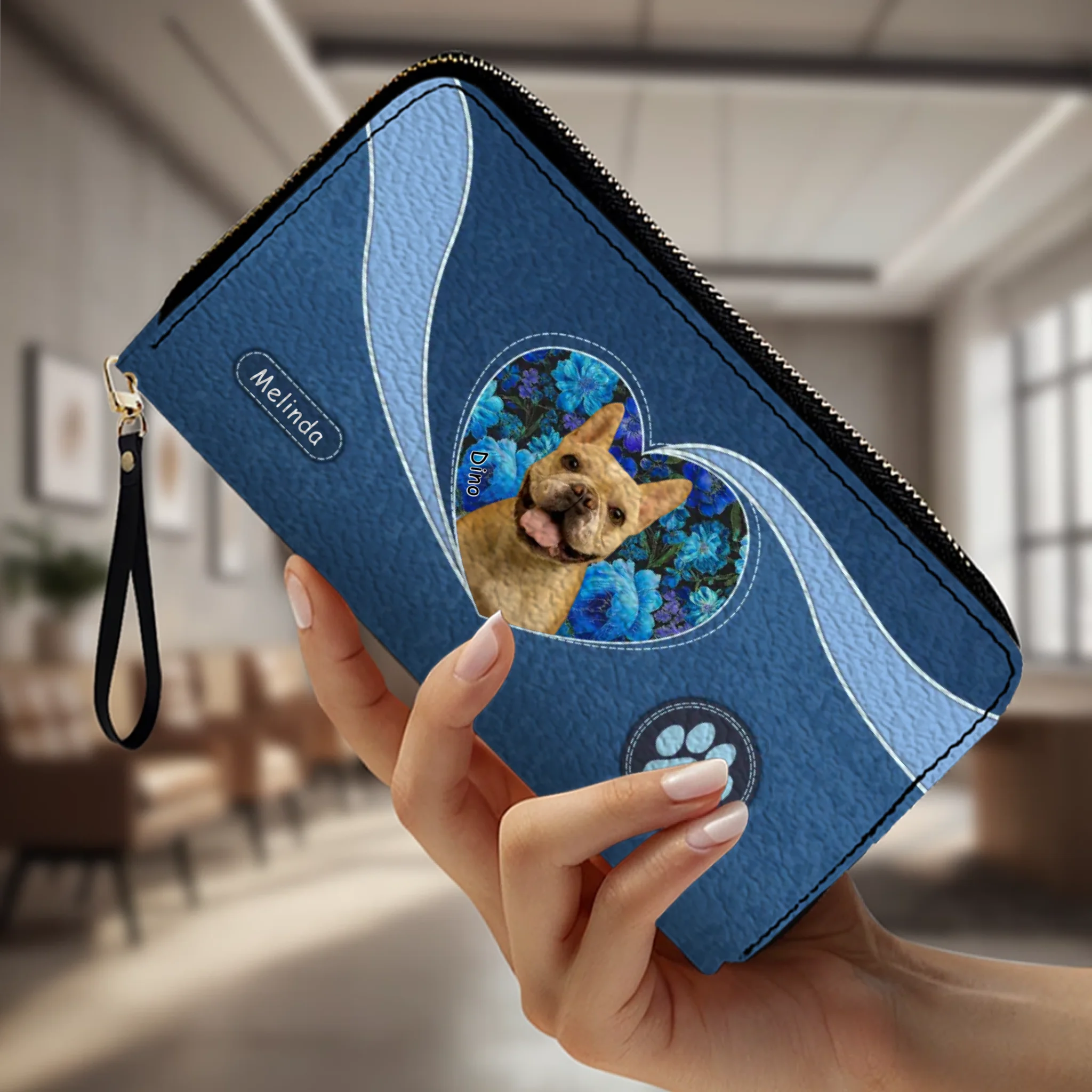 Custom Dog Picture Wallet - Floral Heart Design With Name & Paw Print - 89Prints