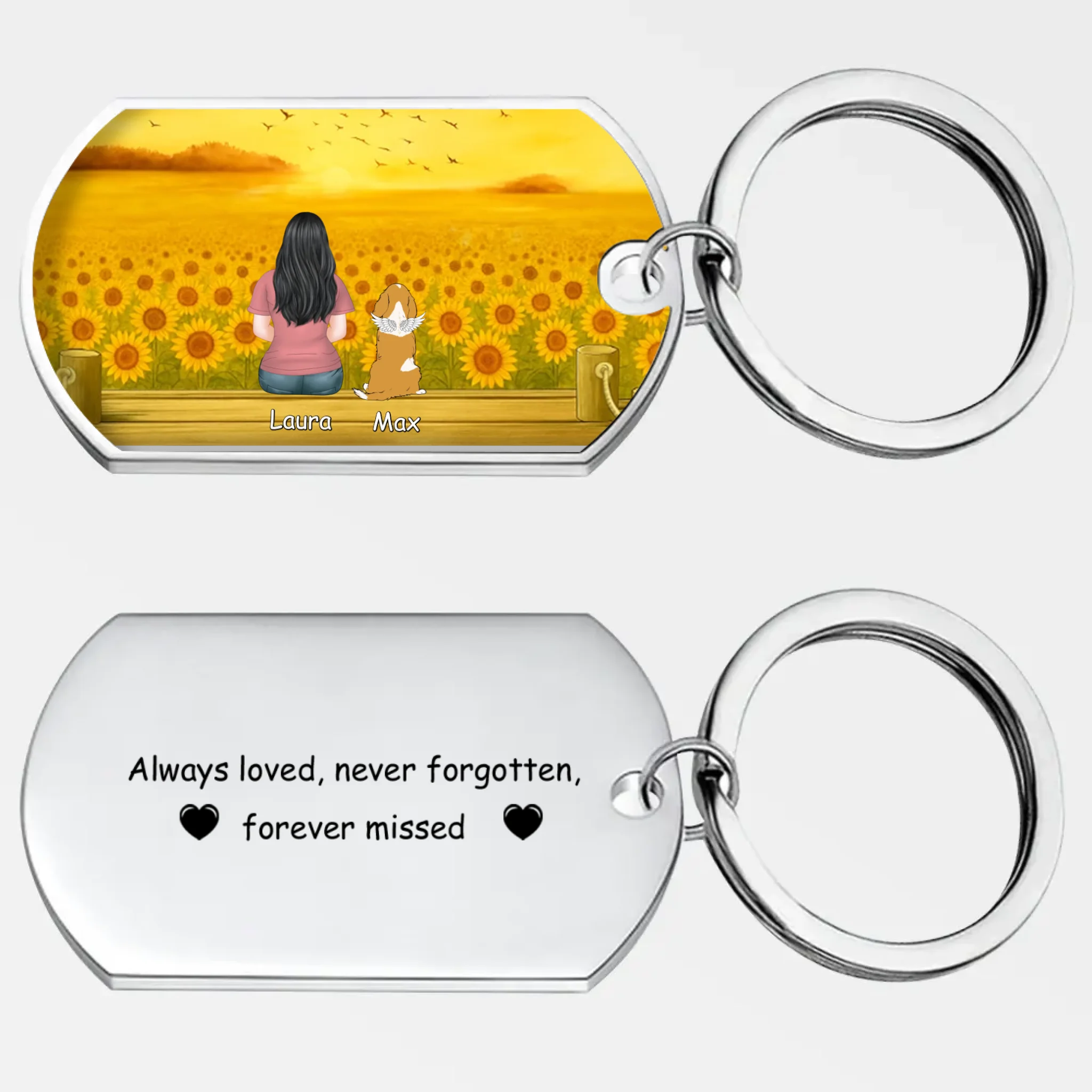 Personalized Pet Remembrance Keychain “Always Loved, Never Forgotten” – Custom Dog Illustration & Name Gift