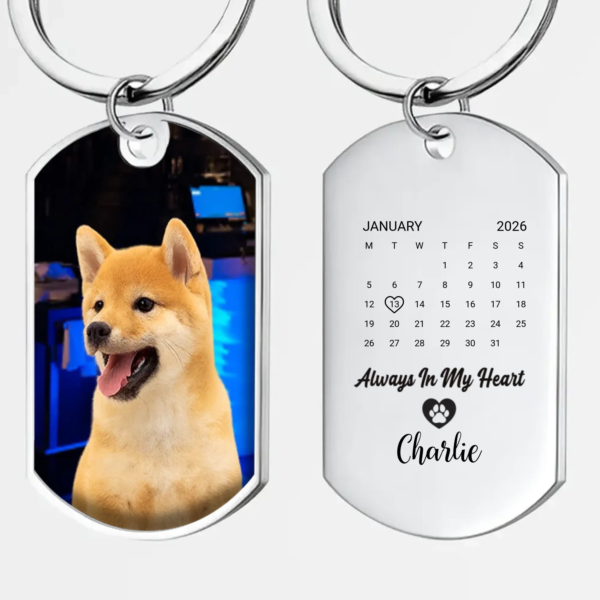 Custom Pet Photo Calendar Keychain – “Always In My Heart” Memorial Design with Name - 89Prints