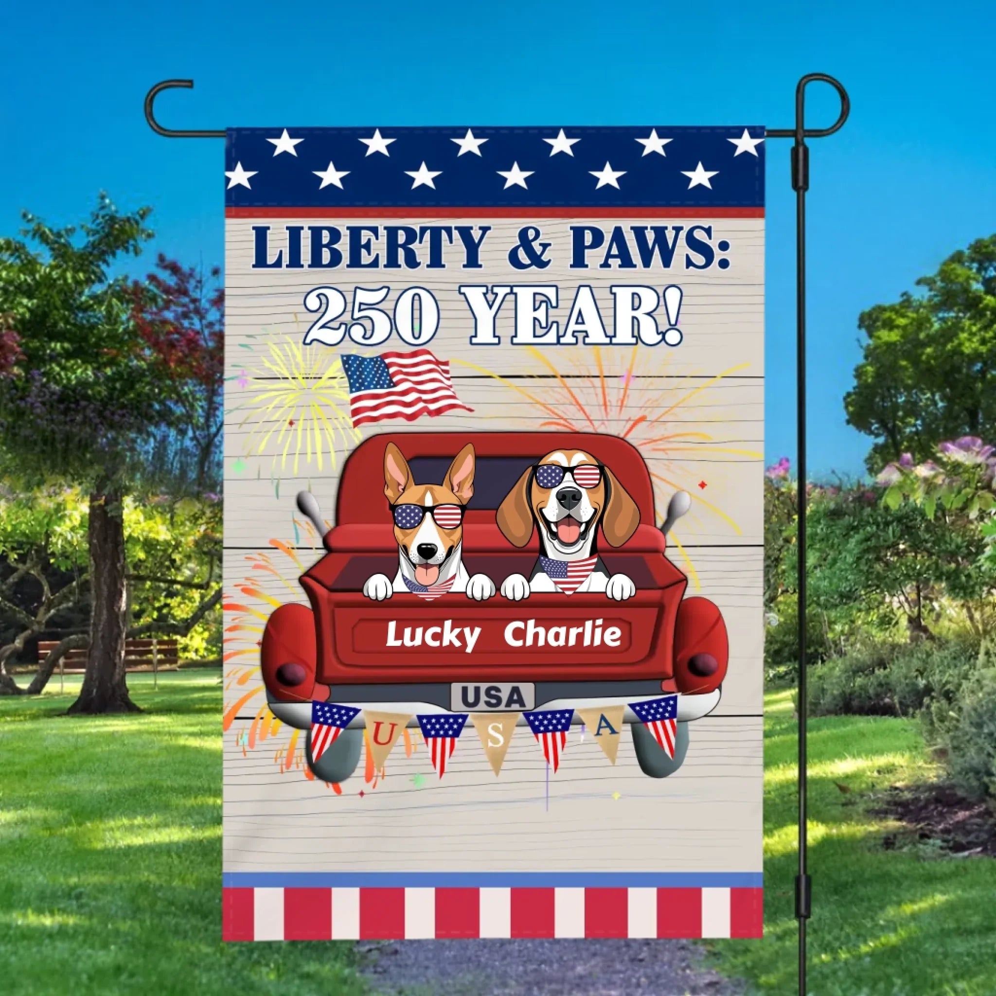 Personalized Patriotic Dog Garden Flag – Custom Pet Name “Liberty & Paws: 250 Year!”-89Prints