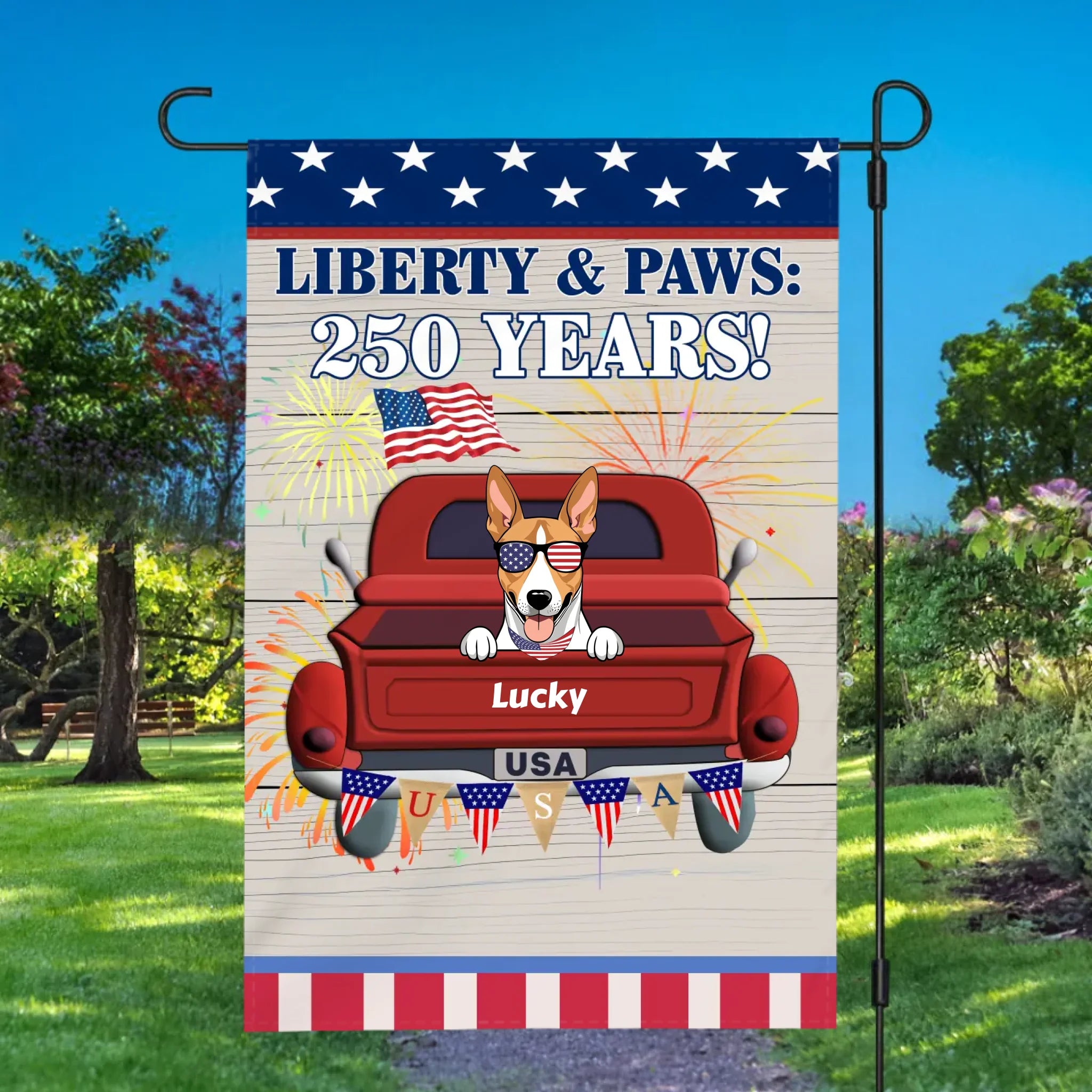 Personalized Patriotic Dog Garden Flag – Custom Pet Name “Liberty & Paws: 250 Year!”-89Prints