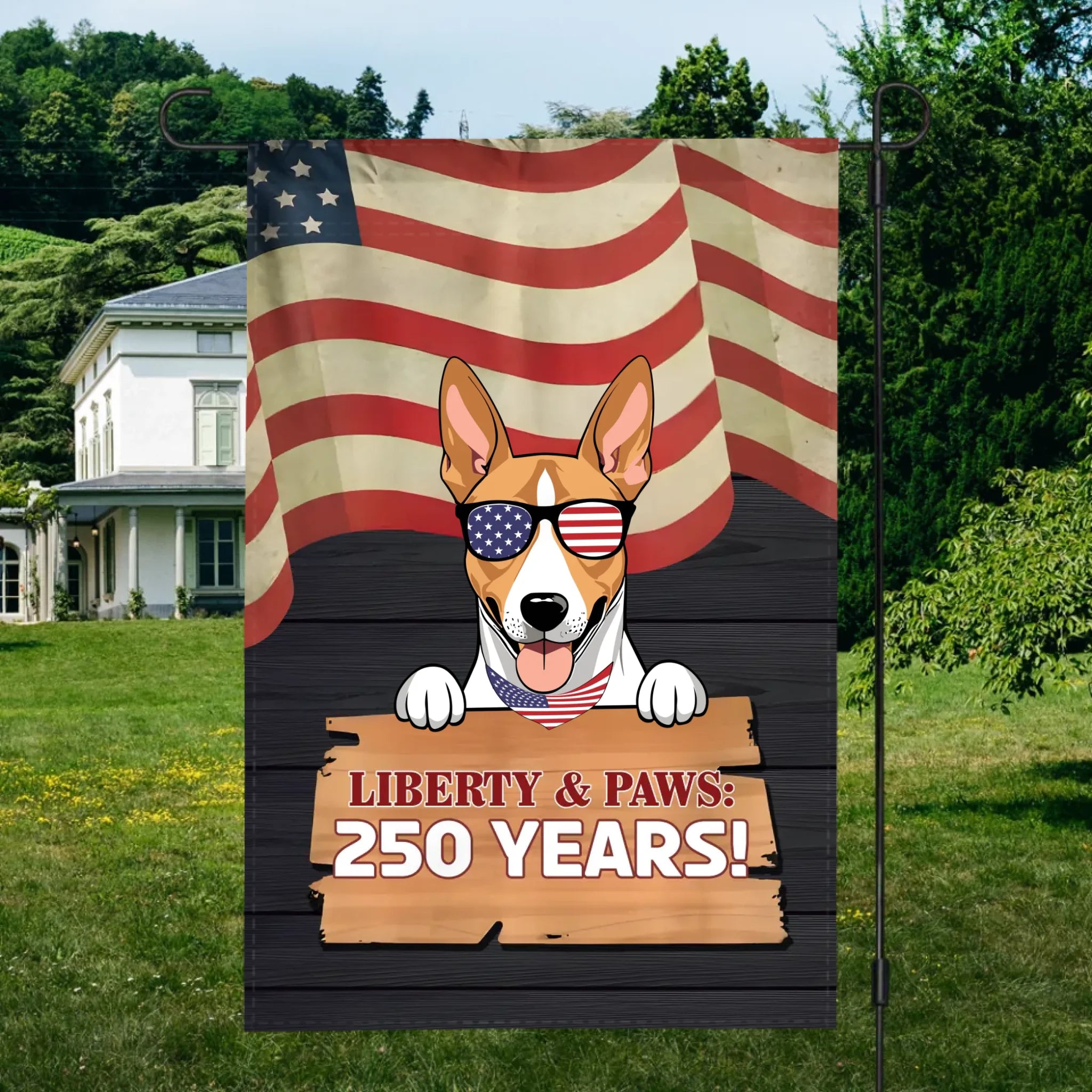 Personalized Patriotic Dog Garden Flag – Custom Pet Name “Liberty & Paws: 250 Year!”- 89Prints