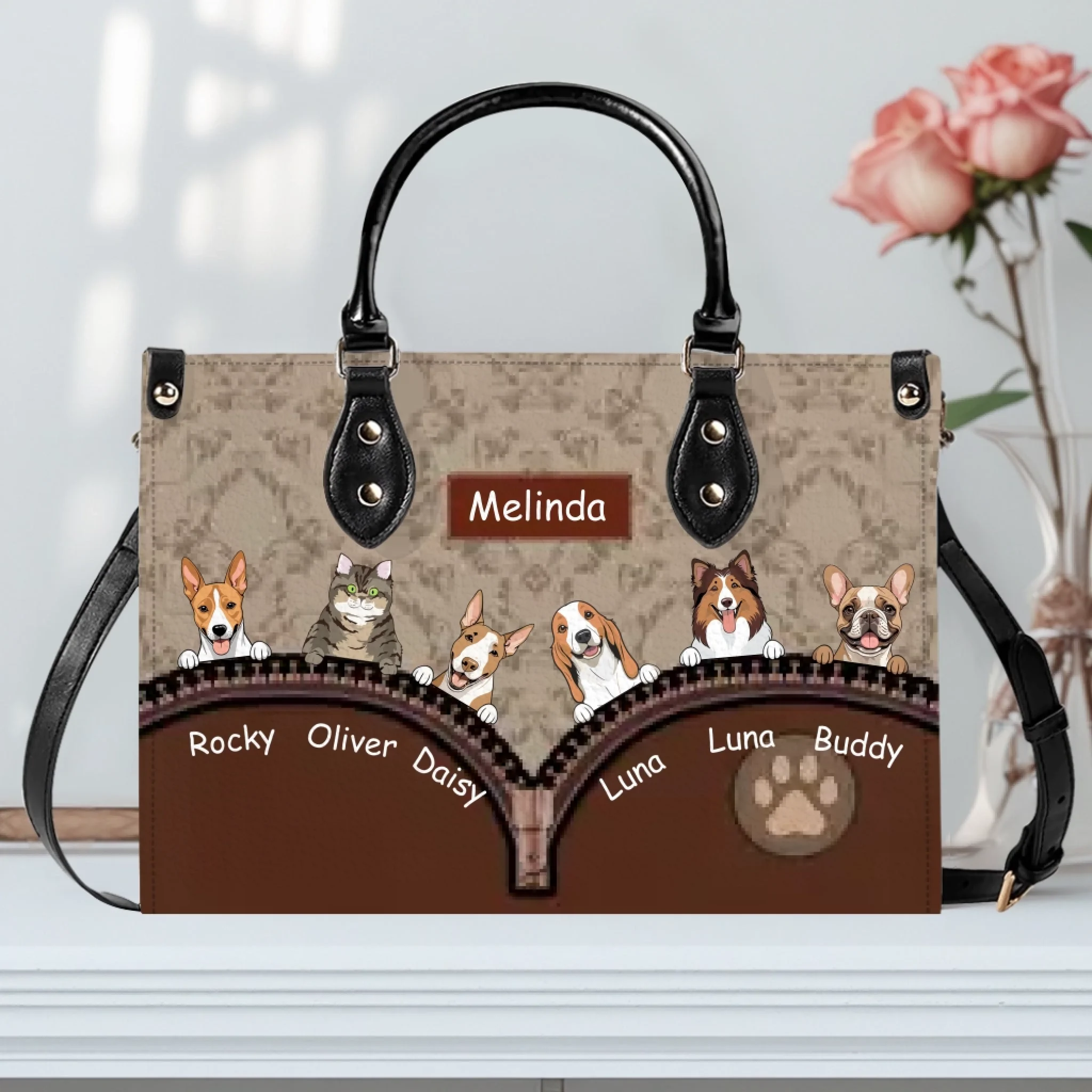 Personalized Multi-Pet Handbag with Custom Names and Fur Baby Illustration - 89Prints