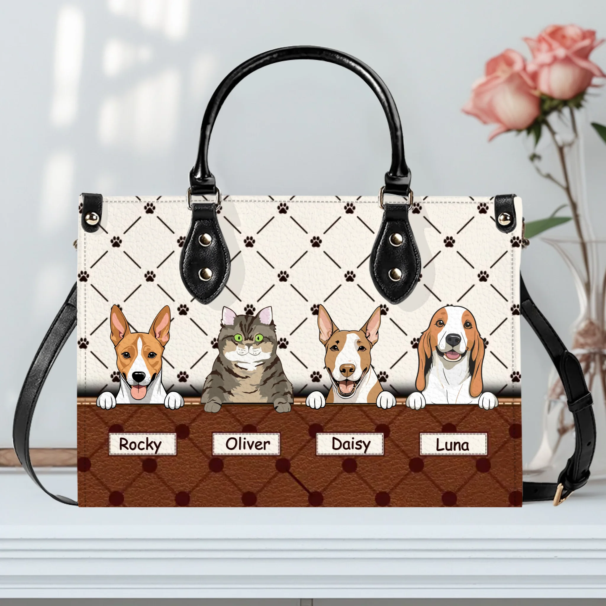 Custom Pet Illustration Handbag - Personalized Multi-Pet Names & Fur Baby Portrait HandBag - 89Prints