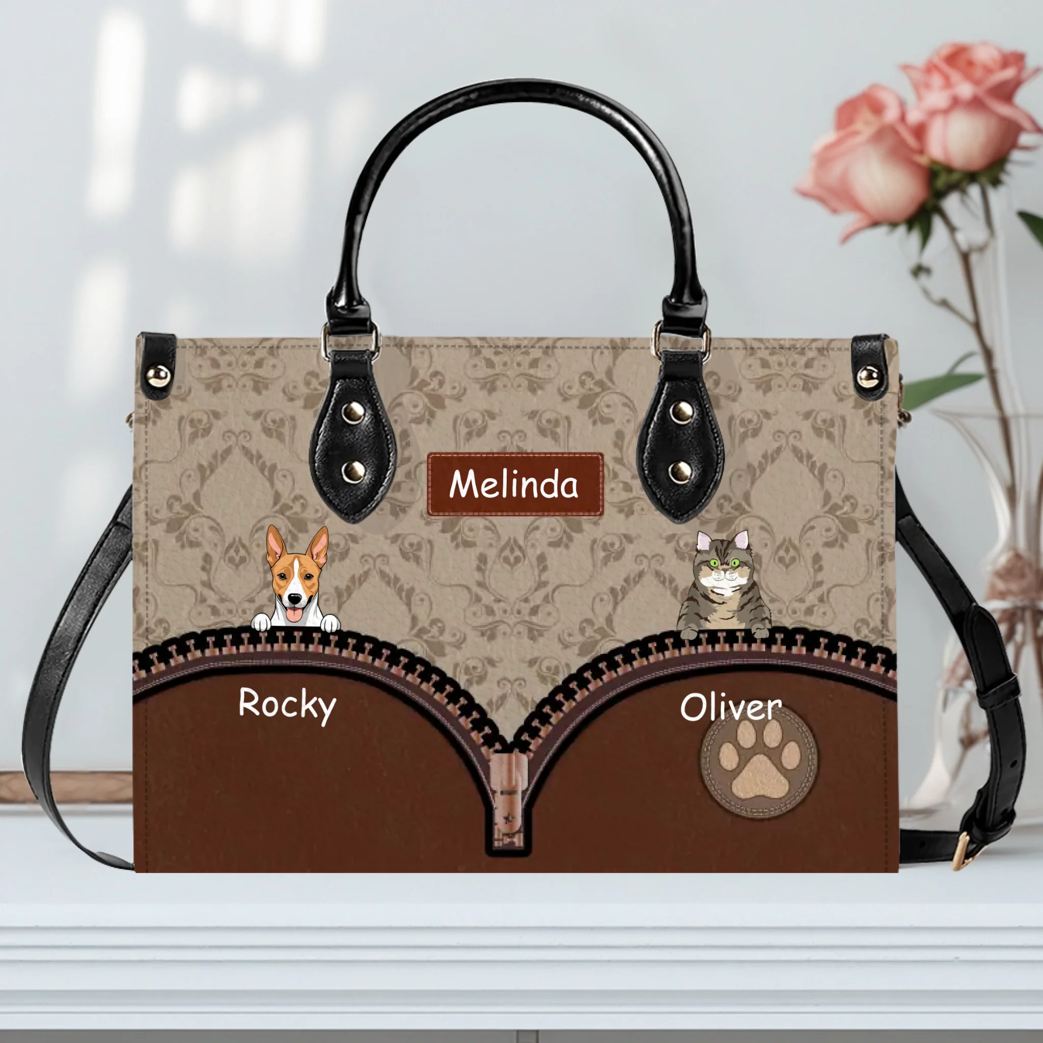 Personalized Multi-Pet Handbag with Custom Names and Fur Baby Illustration - 89Prints