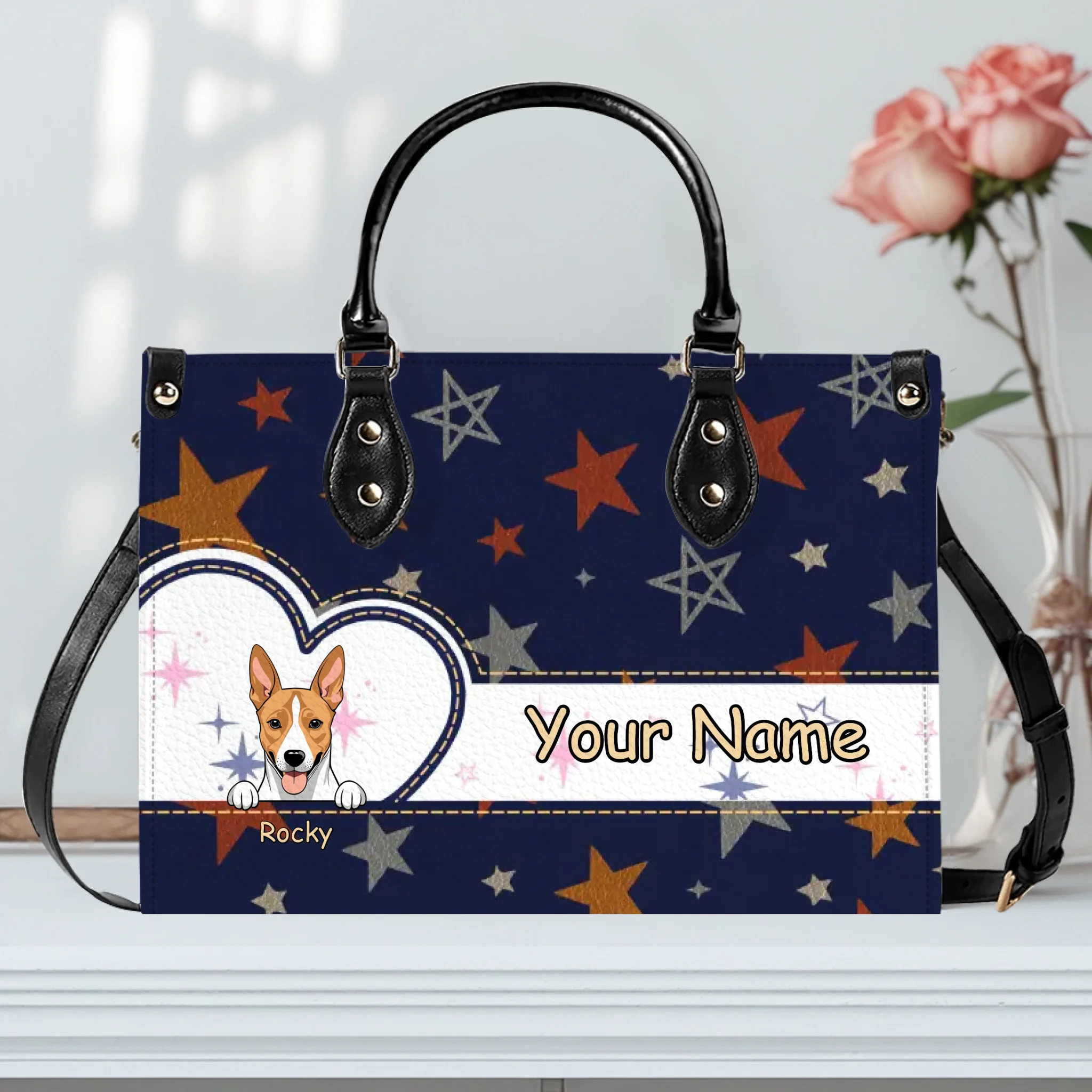 Personalized Basenji Dog Star Pattern HandBag – Custom Name & Pet Photo Handbag – 89Prints