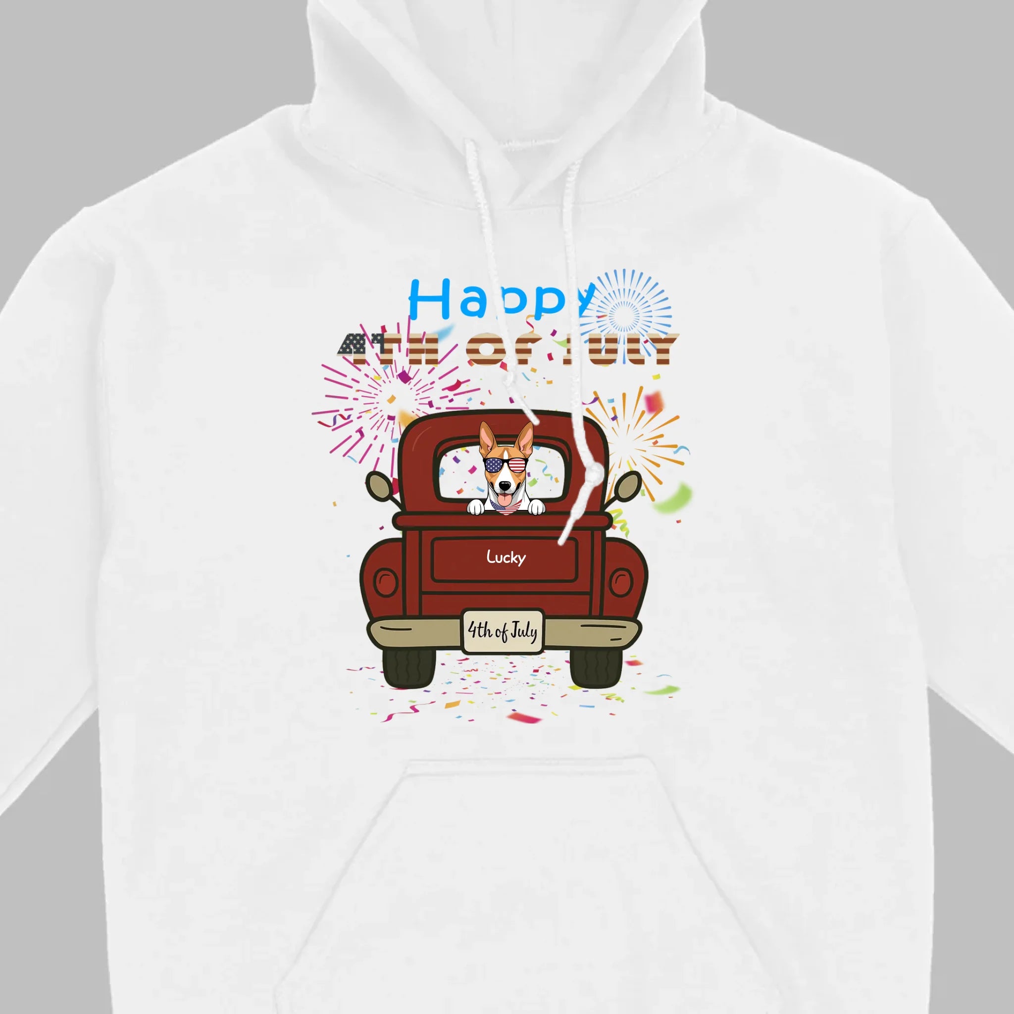 American Pup 4th of July Hoodie – Red Truck & Festive Fireworks - 89Prints