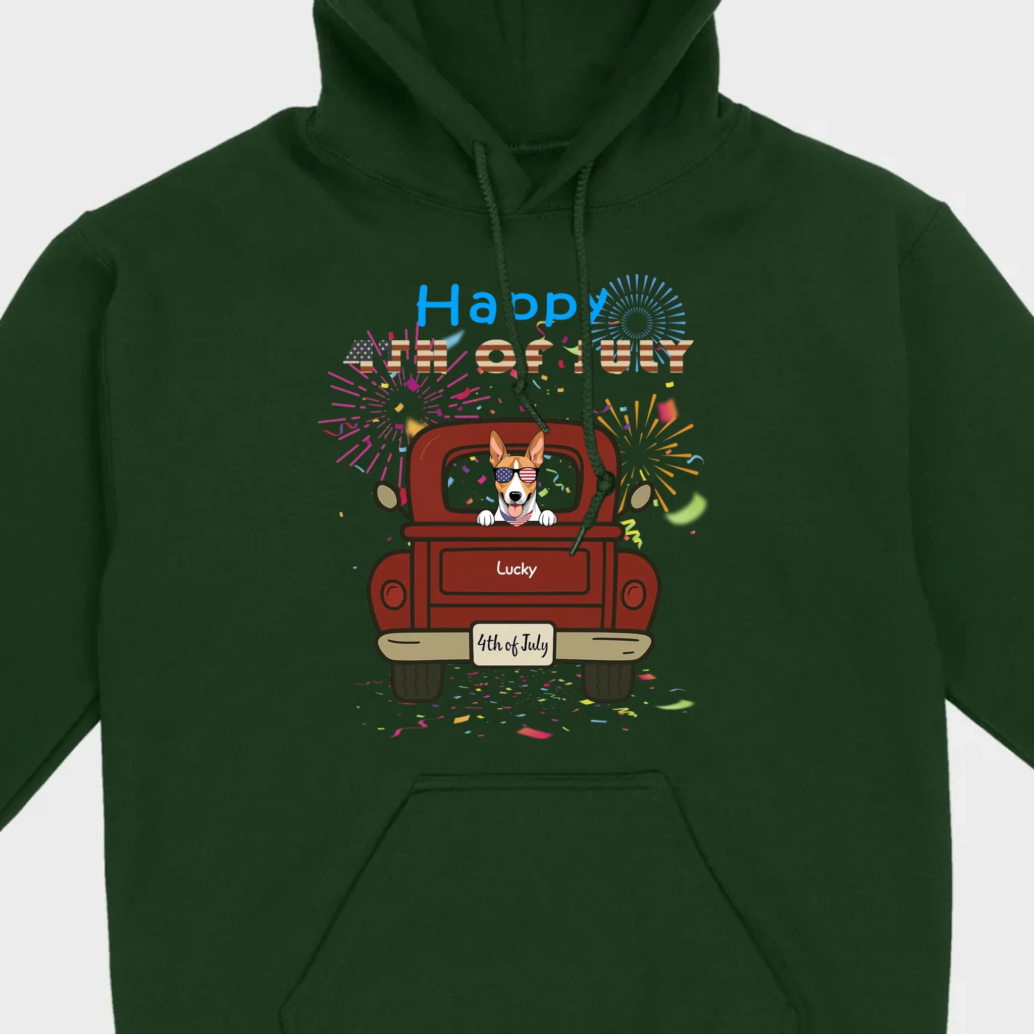 American Pup 4th of July Hoodie – Red Truck & Festive Fireworks - 89Prints