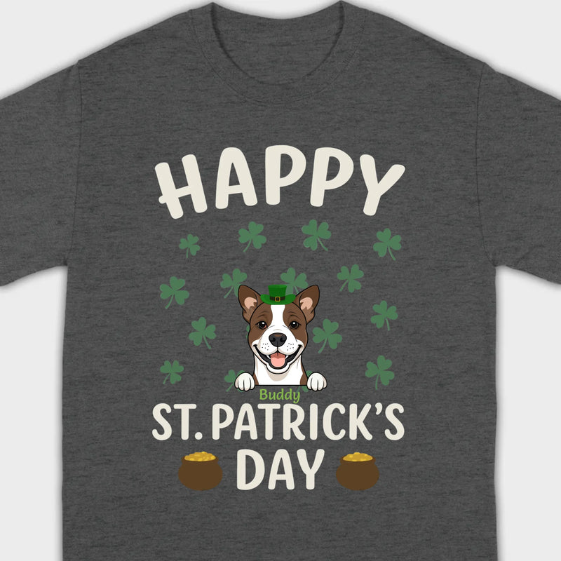 St. Patrick’s Day Dog Shirt – Cute Dog in Leprechaun Hat with Gold Pots & “Happy St. Patrick’s Day” Graphic - 89Prints