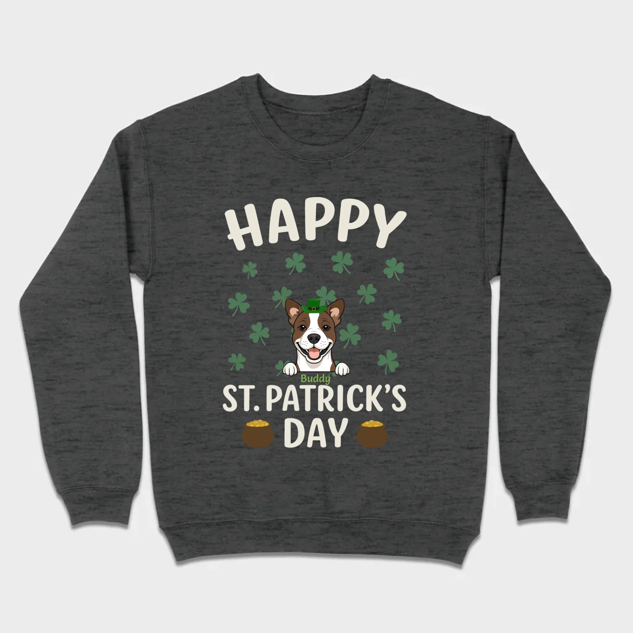 St. Patrick’s Day Dog Shirt – Cute Dog in Leprechaun Hat with Gold Pots & “Happy St. Patrick’s Day” Graphic - 89Prints