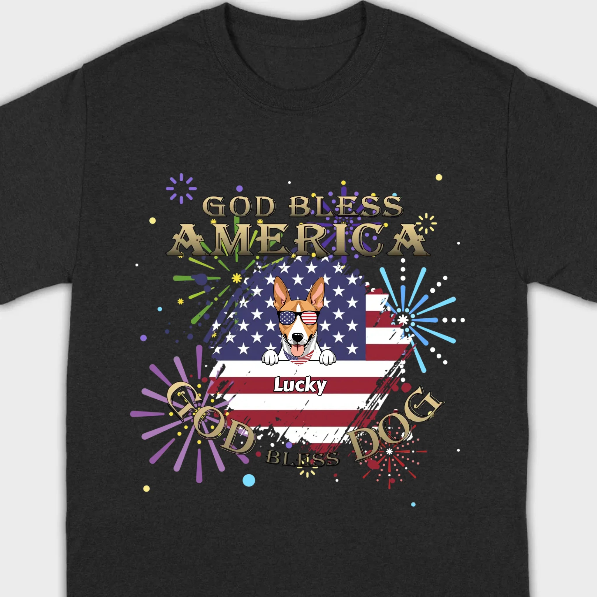 Personalized USA Flag Dog Shirt – God Bless America Fireworks Design - 89Prints