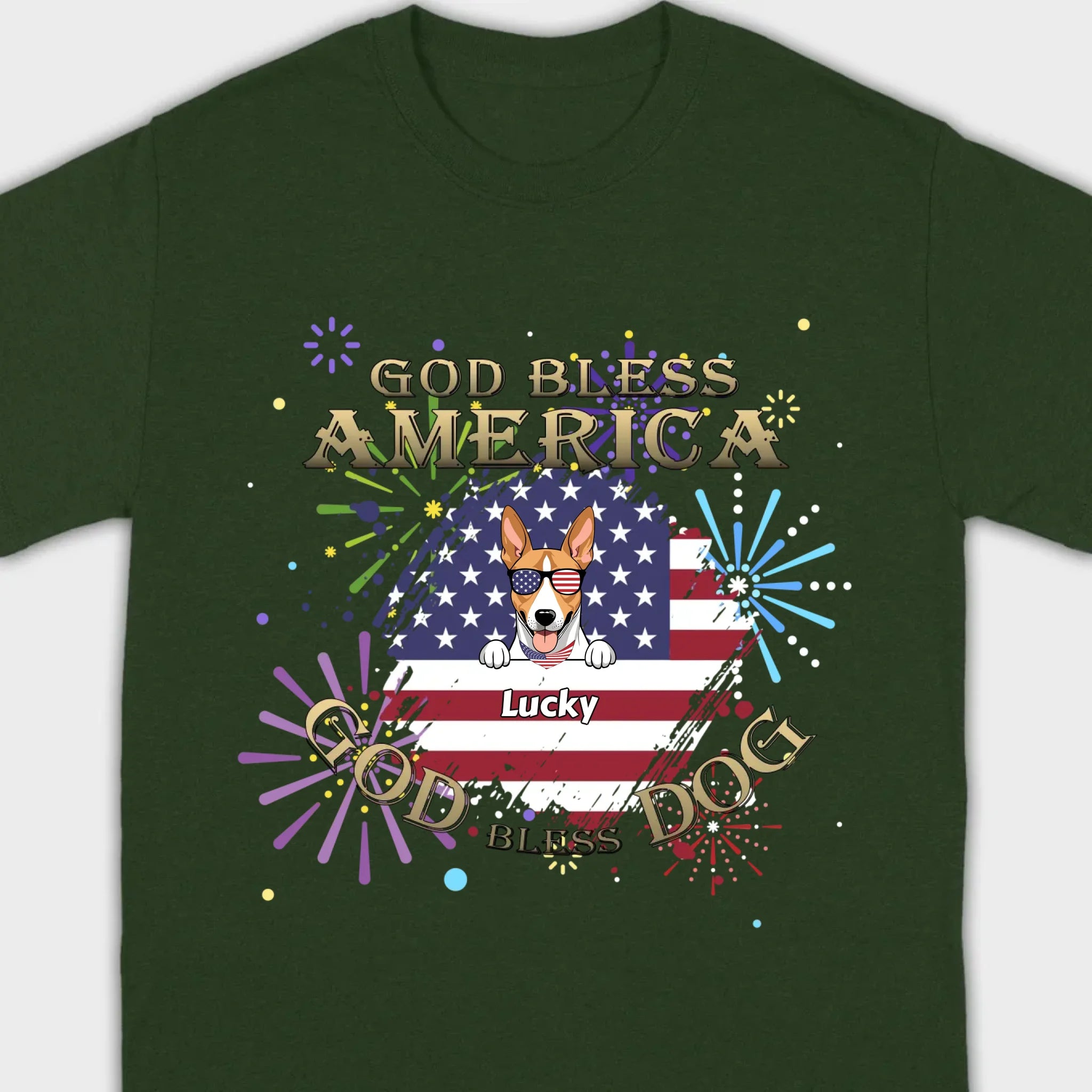 Personalized USA Flag Dog Shirt – God Bless America Fireworks Design - 89Prints