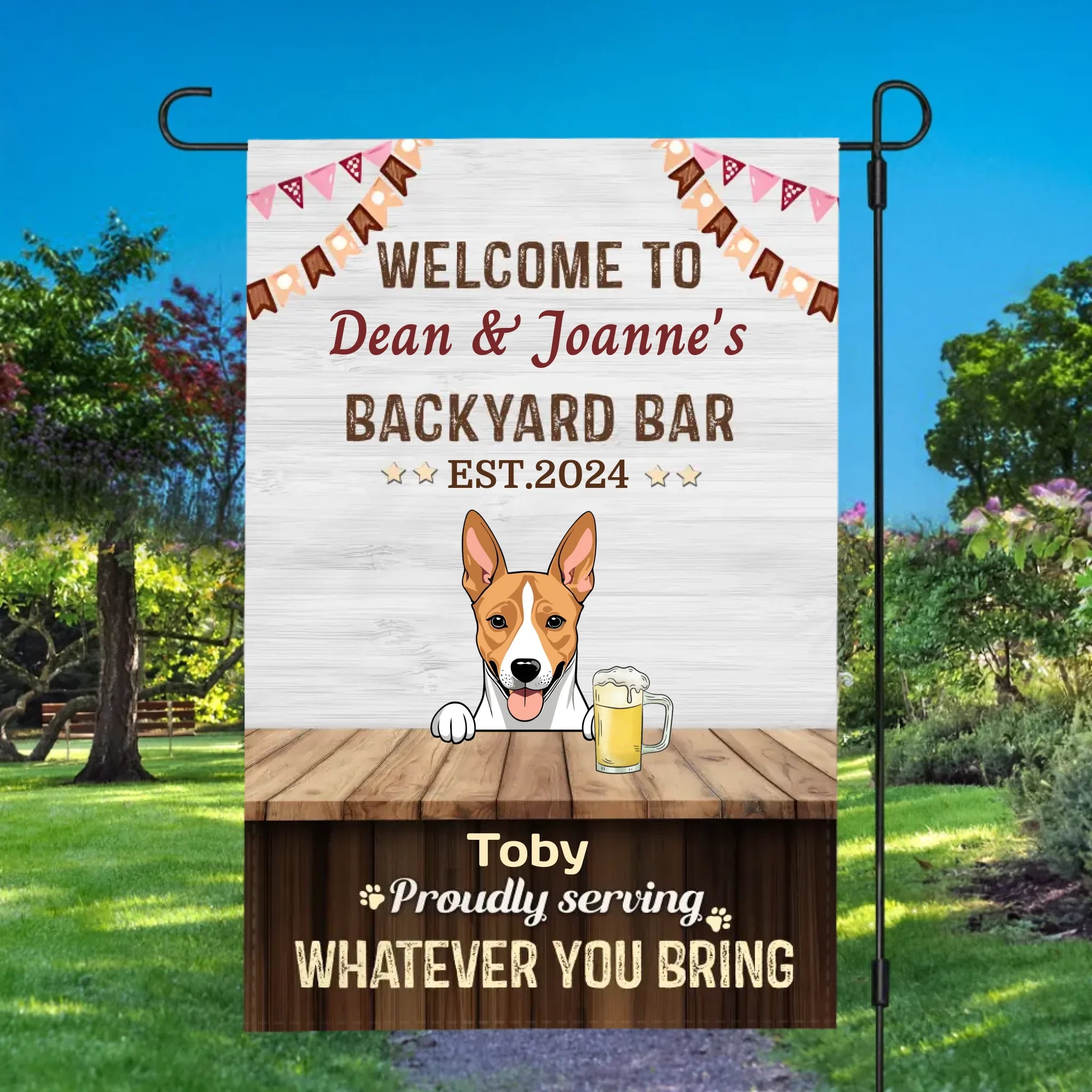Personalized Dog Flag Backyard Bar Sign – Custom Dog Images & Names by 89Prints