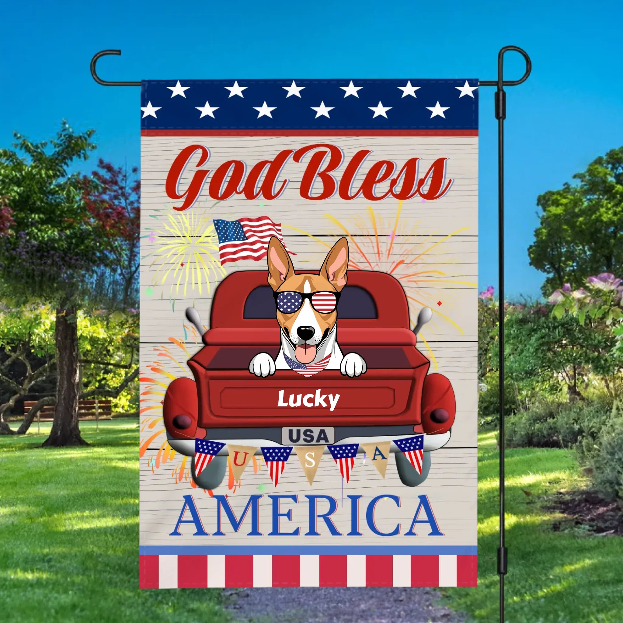 Patriotic Custom Dog Flag – Bless America with Your Dog’s Name by 89Prints