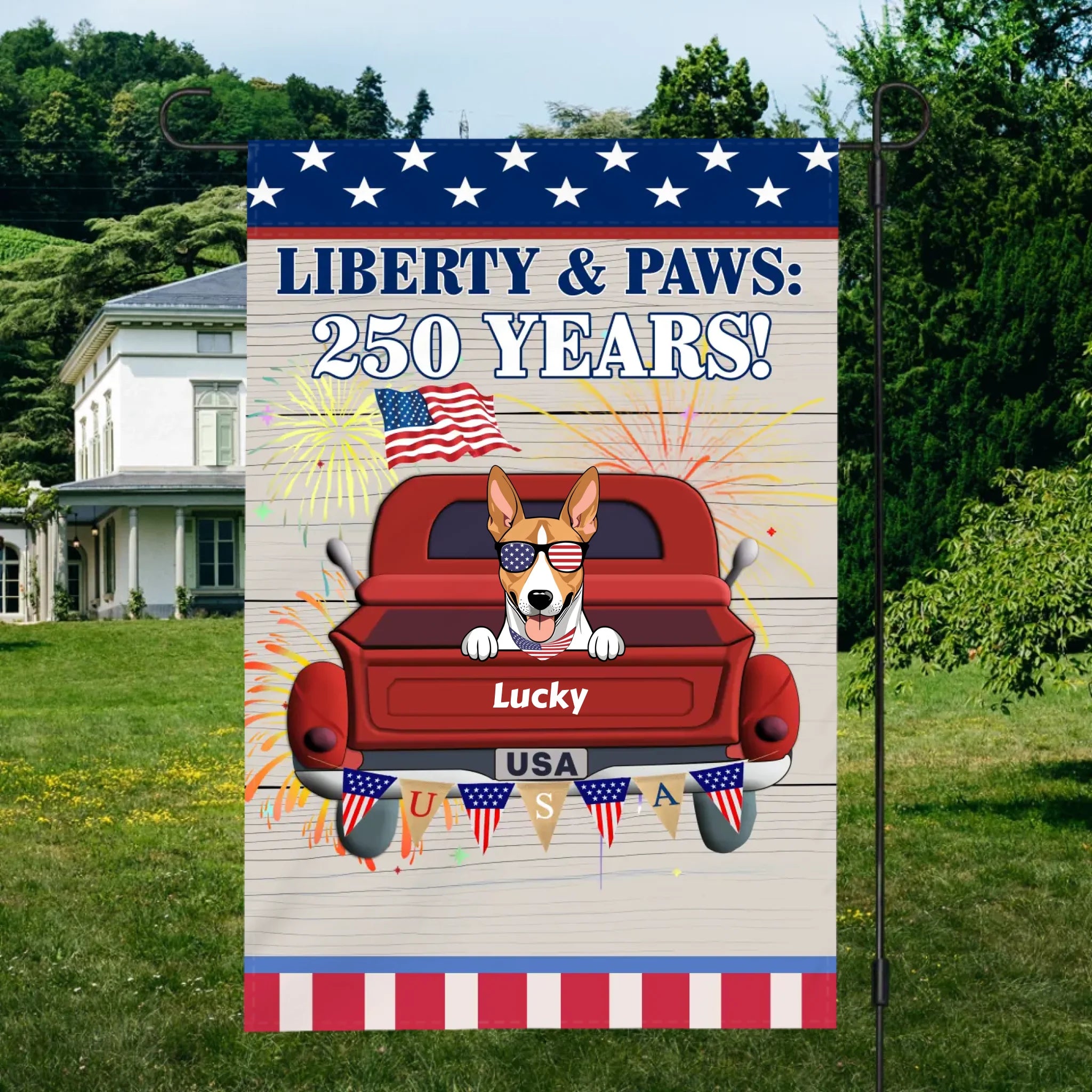 Personalized Patriotic Dog Garden Flag – Custom Pet Name “Liberty & Paws: 250 Year!”-89Prints