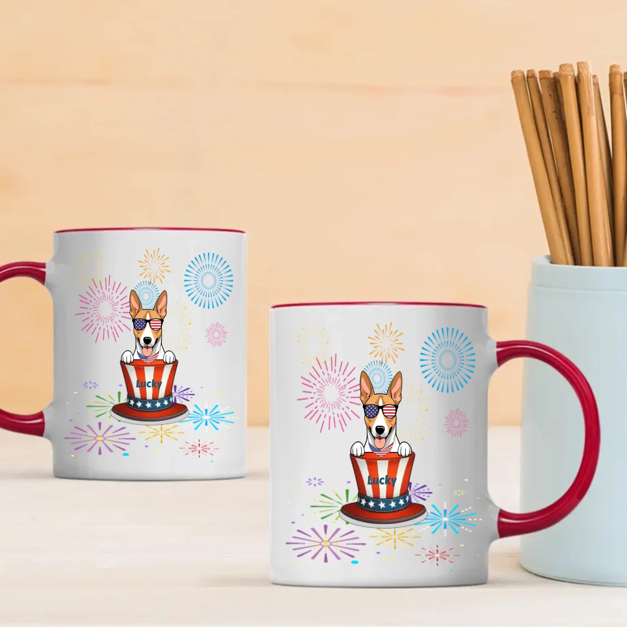 Personalized Fourth of July Dog Mug – Cute Patriotic Dogs with Custom Pet Names - 89Prints