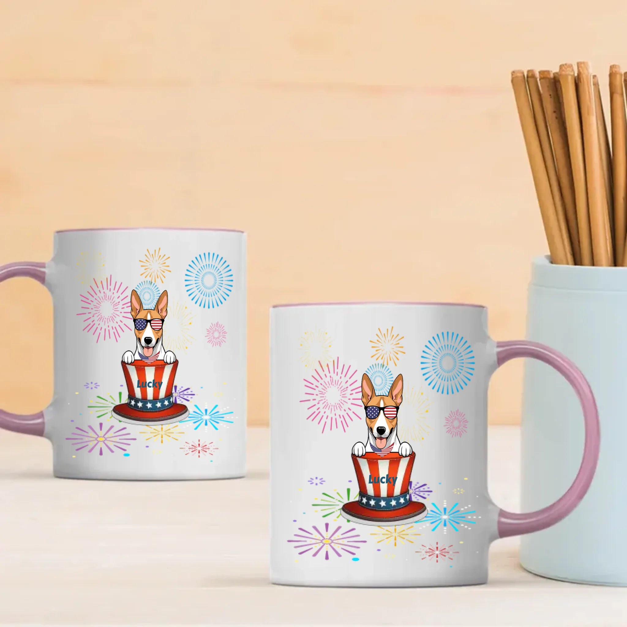 Personalized Fourth of July Dog Mug – Cute Patriotic Dogs with Custom Pet Names - 89Prints