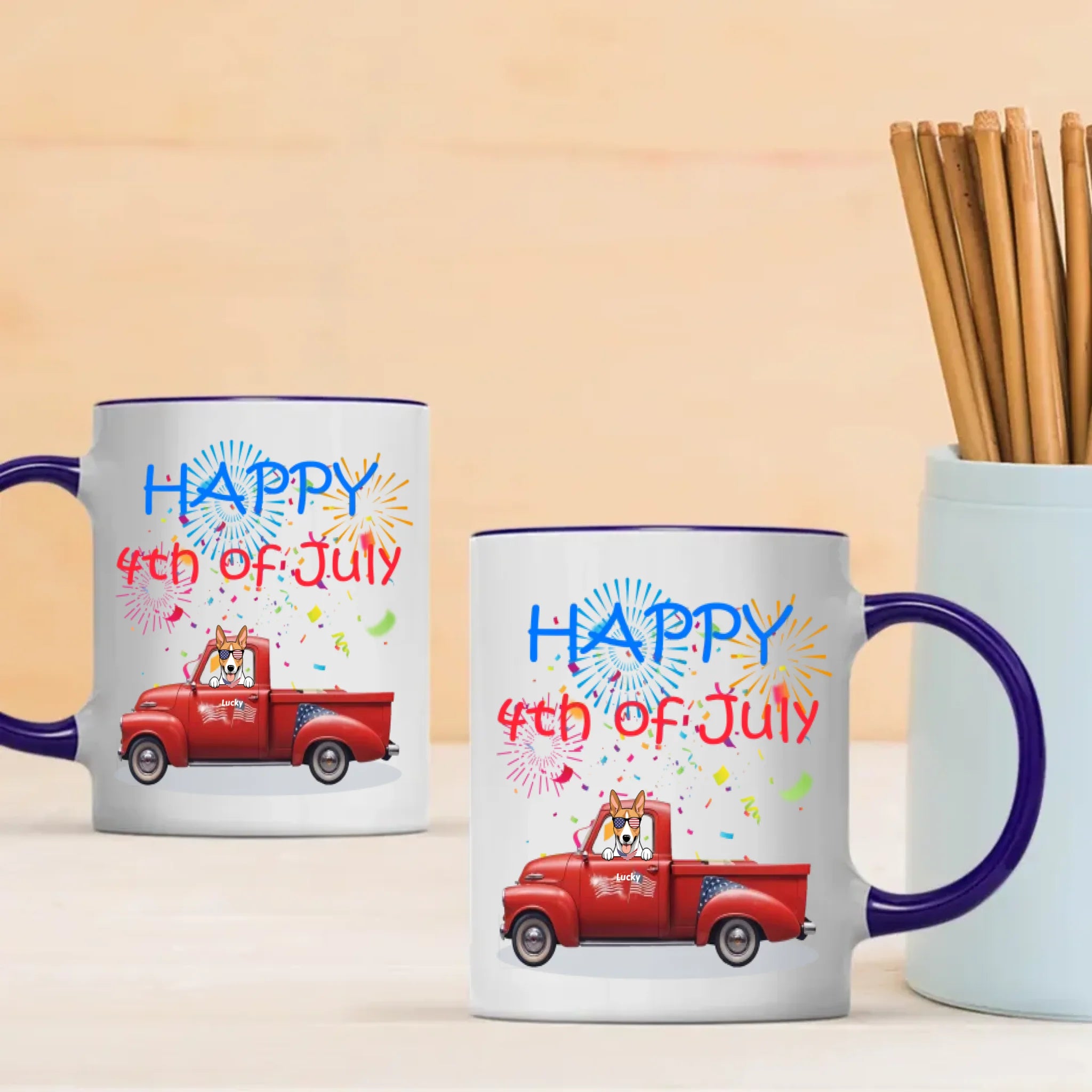 4th of July Red Truck Mug with Dog – Custom Independence Day Gift - 89Prints
