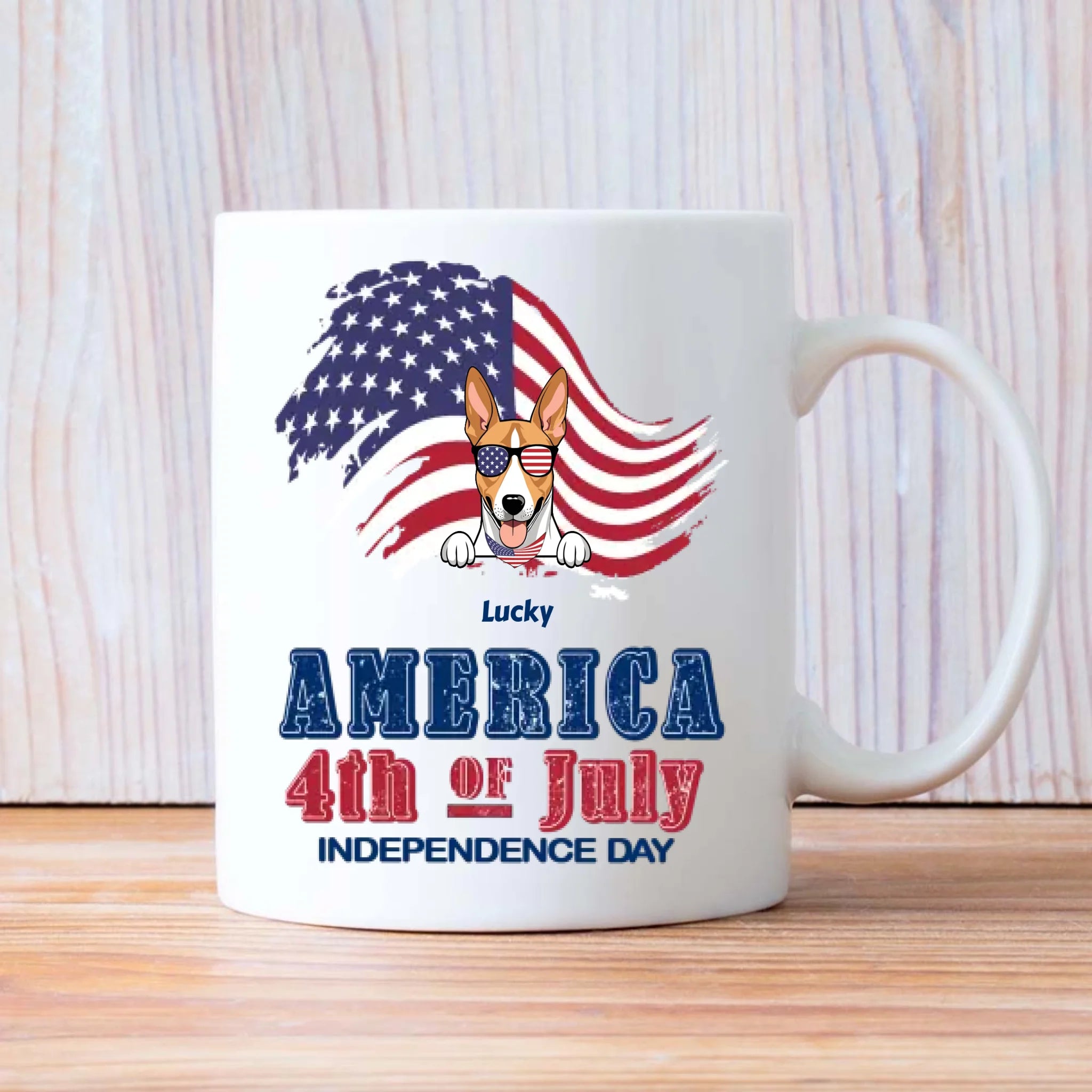 Independence Day Dog Mug – Personalized Ceramic Cup with Sunglasses Dog & American Flag - 89Prints