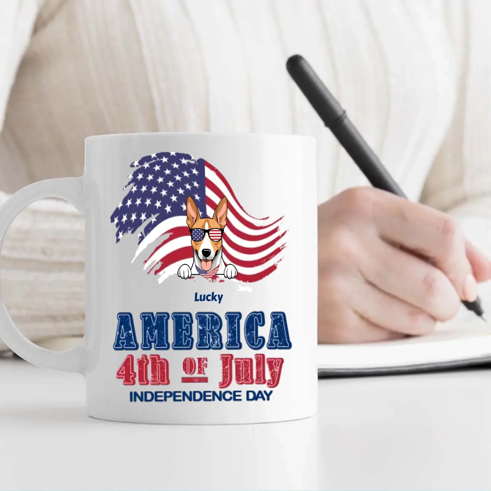 Independence Day Dog Mug – Personalized Ceramic Cup with Sunglasses Dog & American Flag - 89Prints