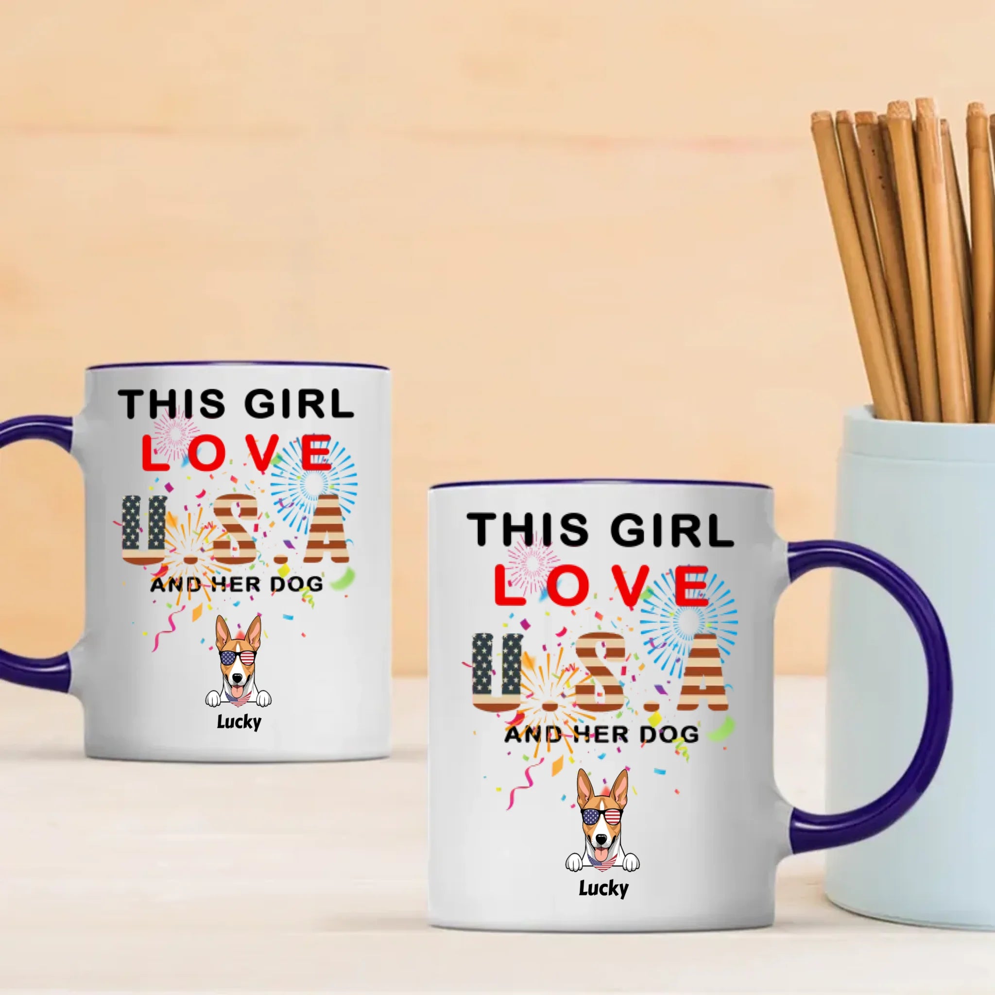 Custom Dog Mug – “This Girl Loves USA and Her Dog” with Patriotic Dog Graphic - 89Prints