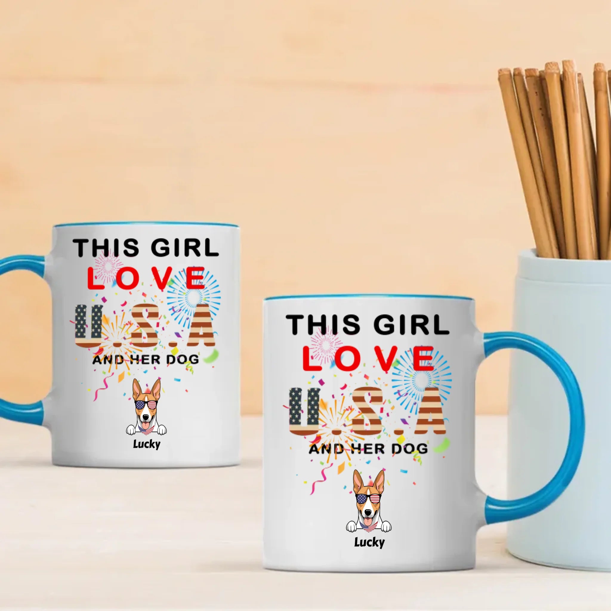 Custom Dog Mug – “This Girl Loves USA and Her Dog” with Patriotic Dog Graphic - 89Prints