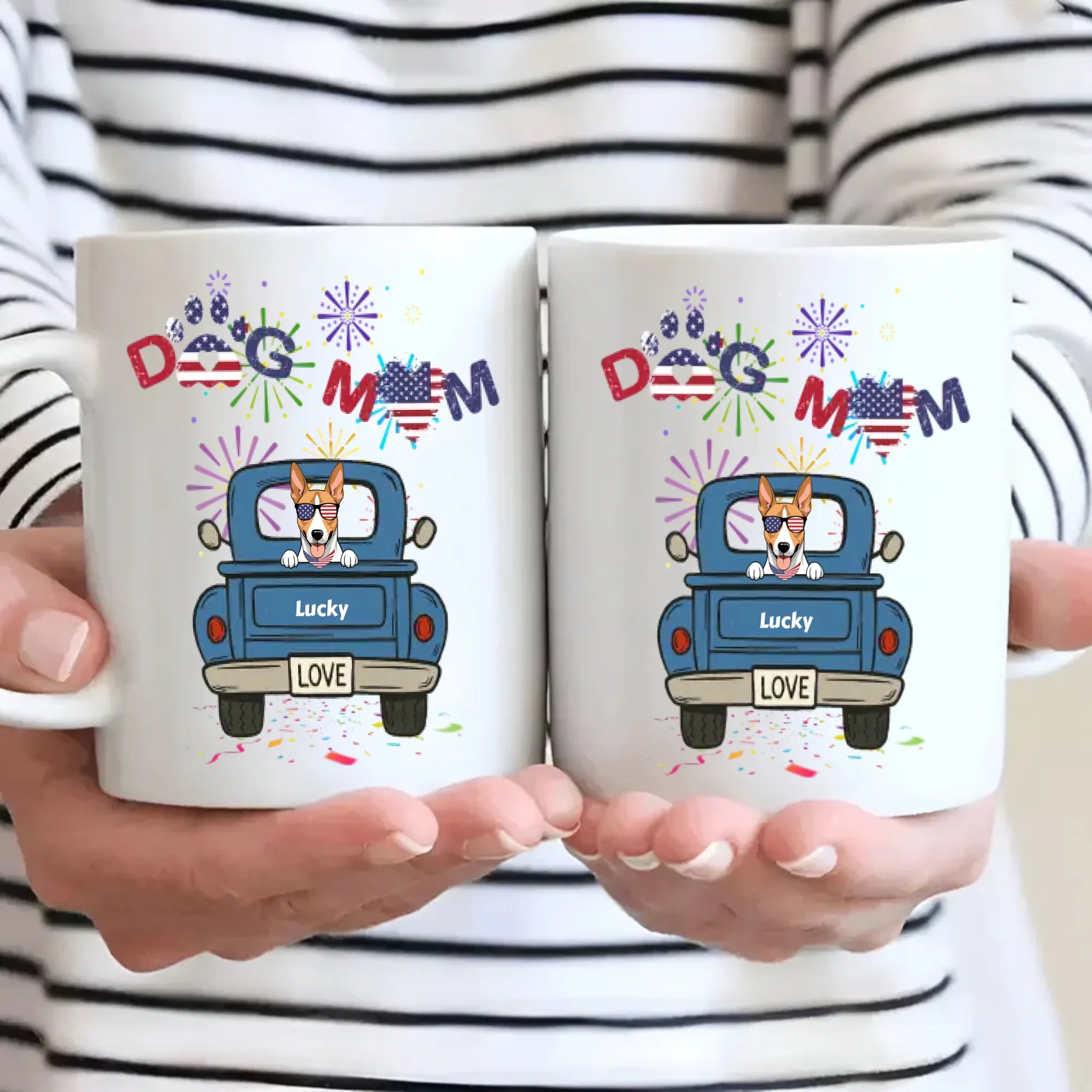 Independence Day Dog Mom Mug – Dog on Blue Truck with Patriotic LOVE - 89Prints