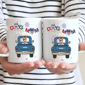 Independence Day Dog Mom Mug – Dog on Blue Truck with Patriotic LOVE - 89Prints