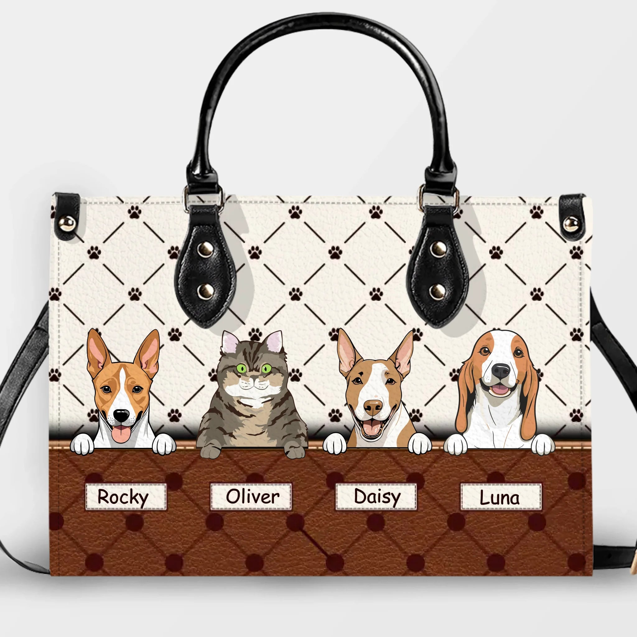 Custom Pet Illustration Handbag - Personalized Multi-Pet Names & Fur Baby Portrait HandBag - 89Prints