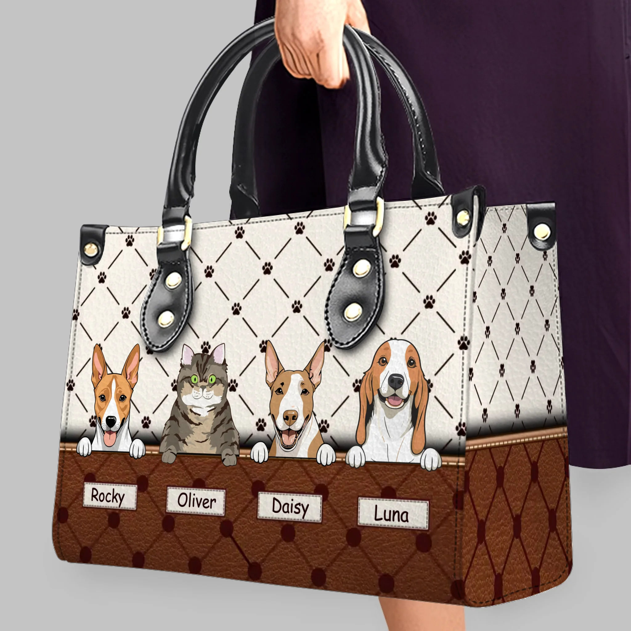Custom Pet Illustration Handbag - Personalized Multi-Pet Names & Fur Baby Portrait HandBag - 89Prints