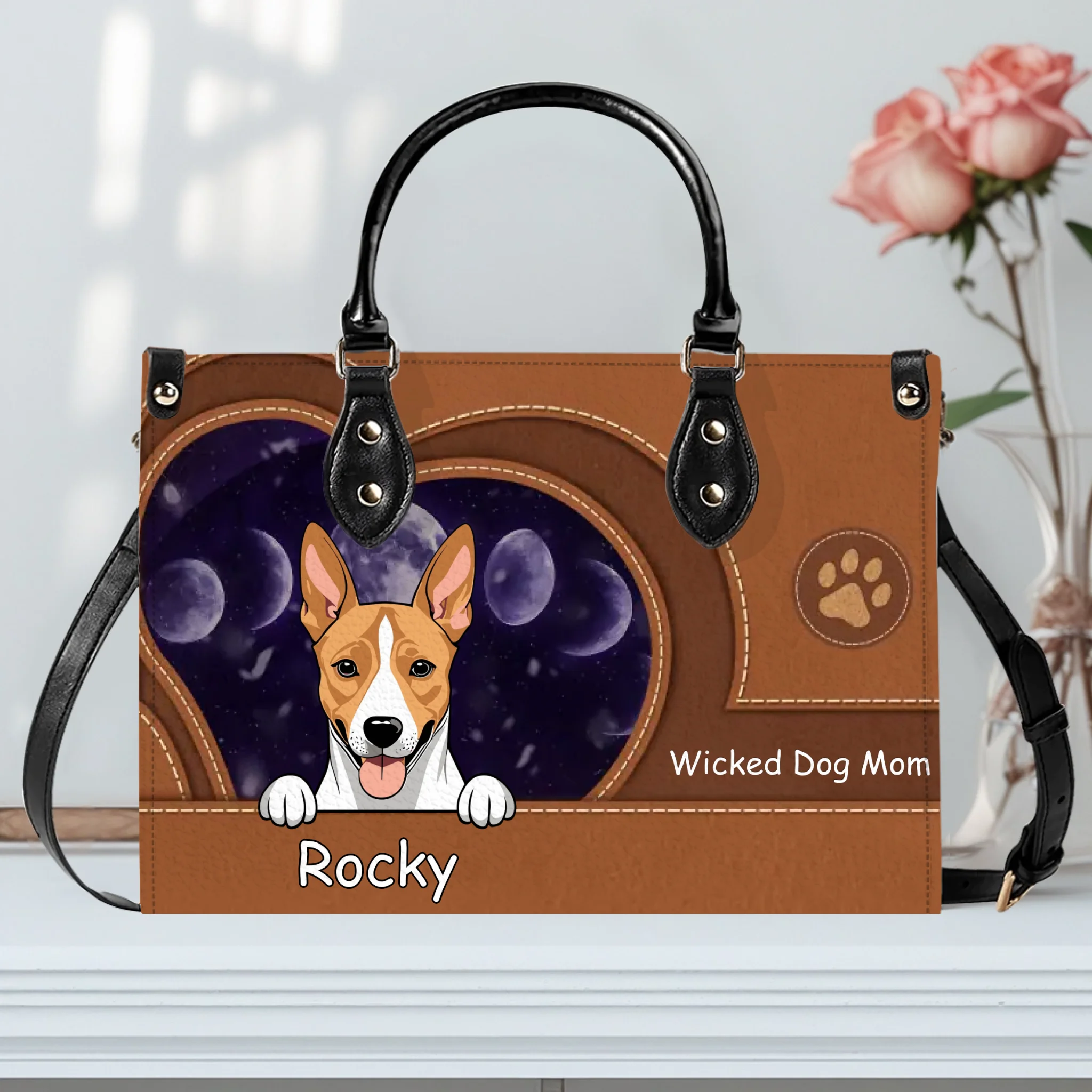 Personalized Dog Handbag For Girls – Dog Name with Leather-Style Paw Pattern Handbag For Dog Owners- 89Prints