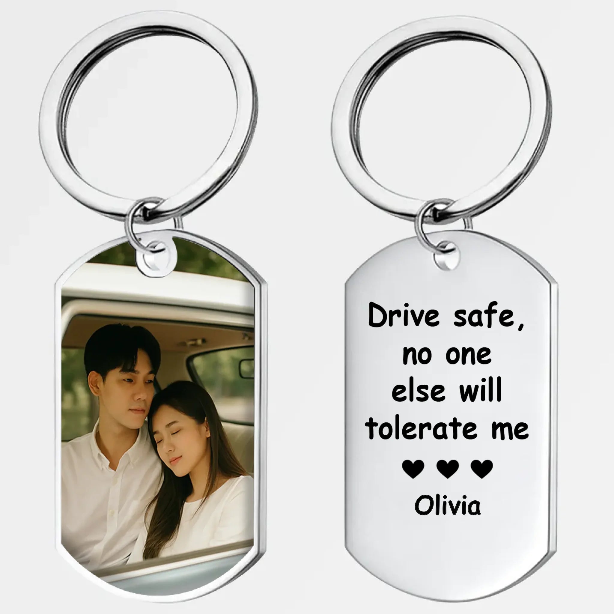 Custom Photo Couple Keychain Gift – Drive Safe Engraved Message One Side – 89Prints