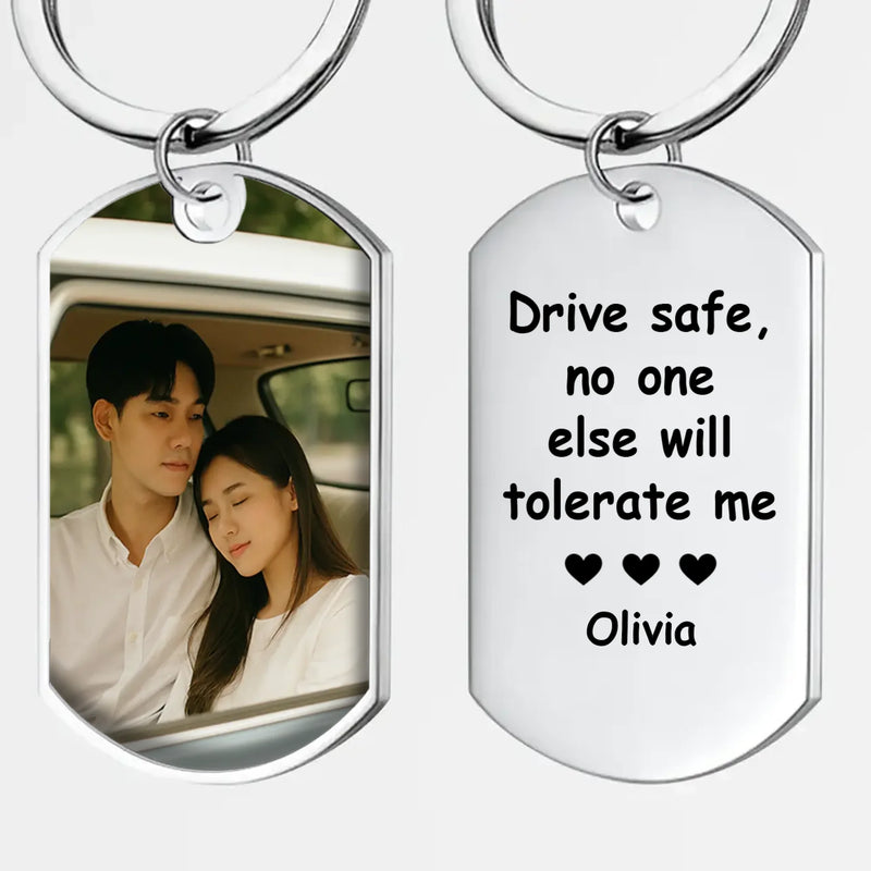Custom Photo Couple Keychain Gift – Drive Safe Engraved Message One Side – 89Prints