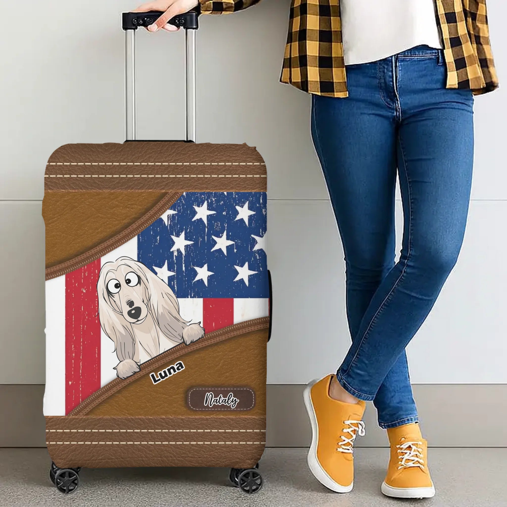 Stars & Stripes Pup Luggage Cover – Vintage USA Pet Illustration with Custom Name - 89Prints