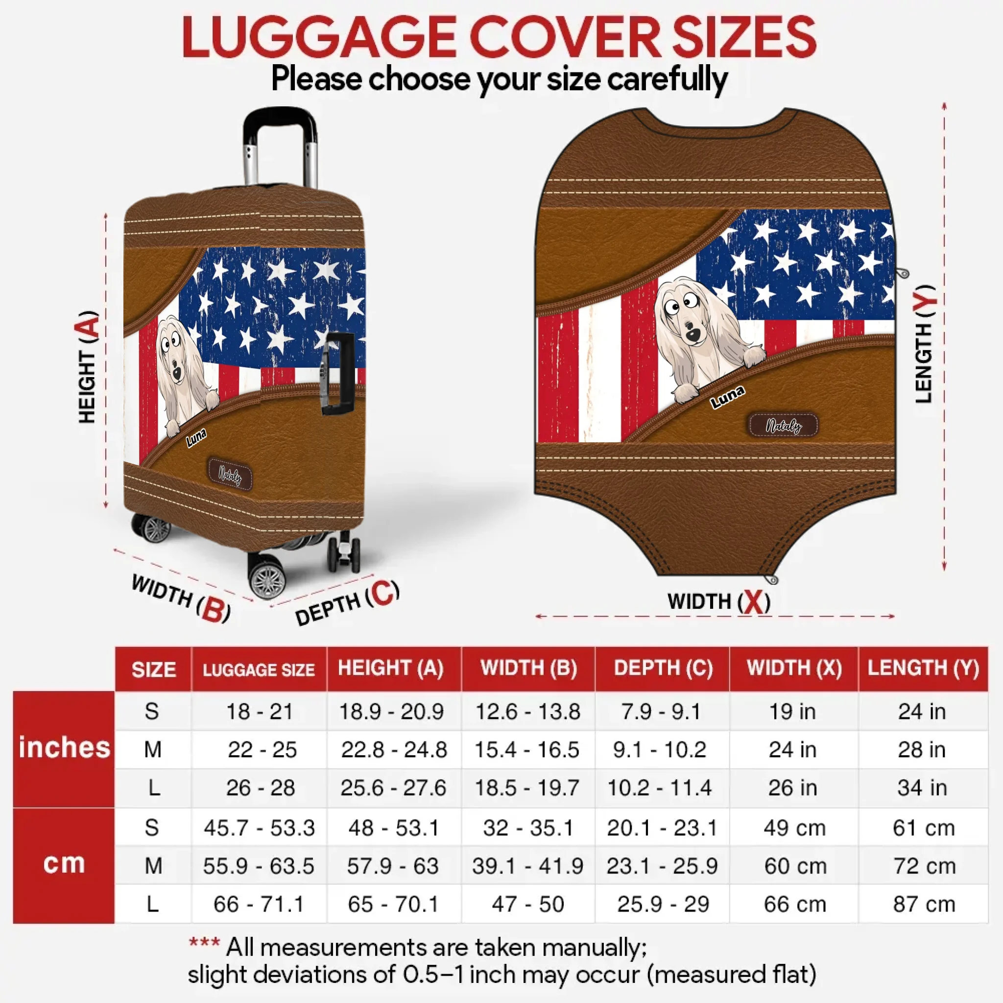 Stars & Stripes Pup Luggage Cover – Vintage USA Pet Illustration with Custom Name - 89Prints