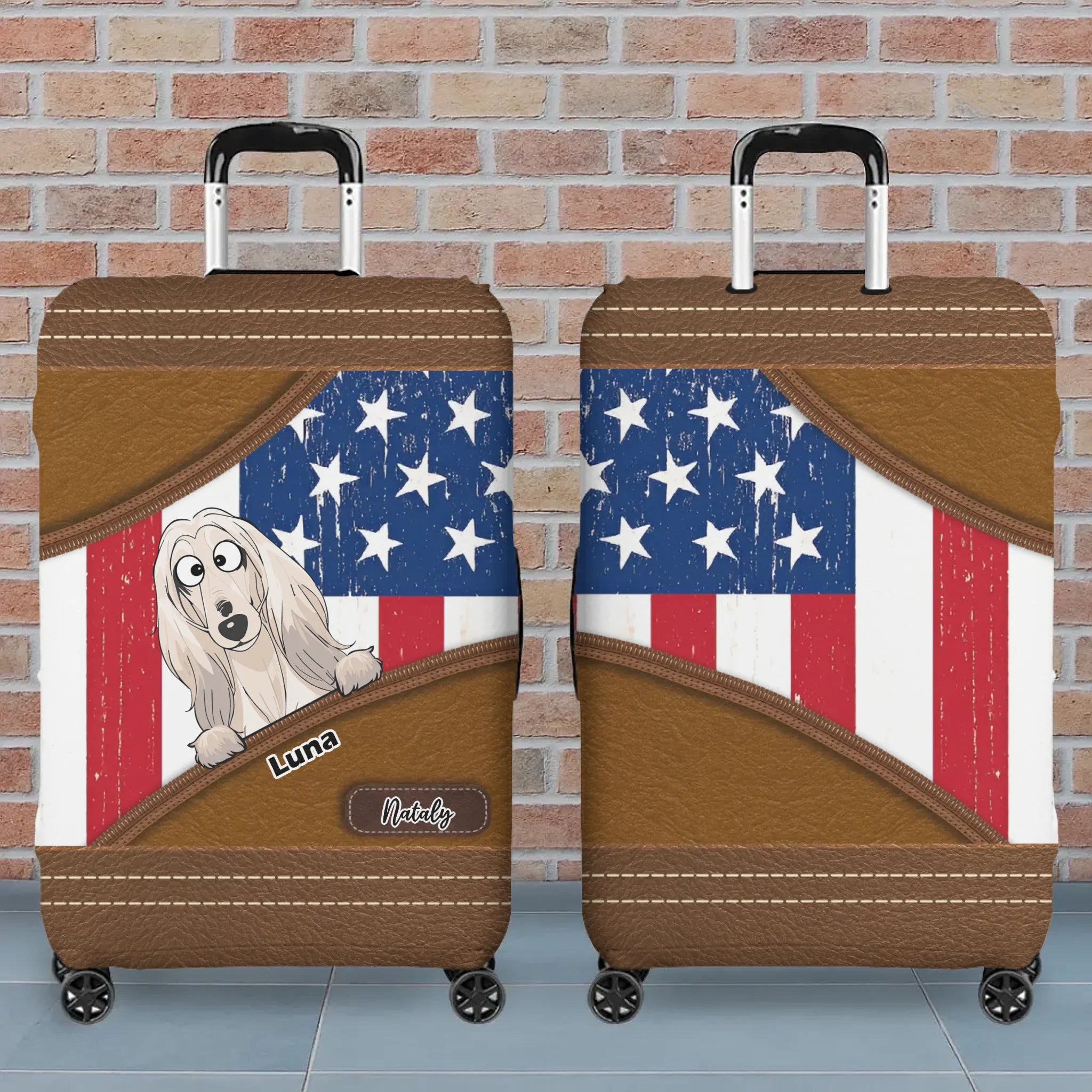Stars & Stripes Pup Luggage Cover – Vintage USA Pet Illustration with Custom Name - 89Prints