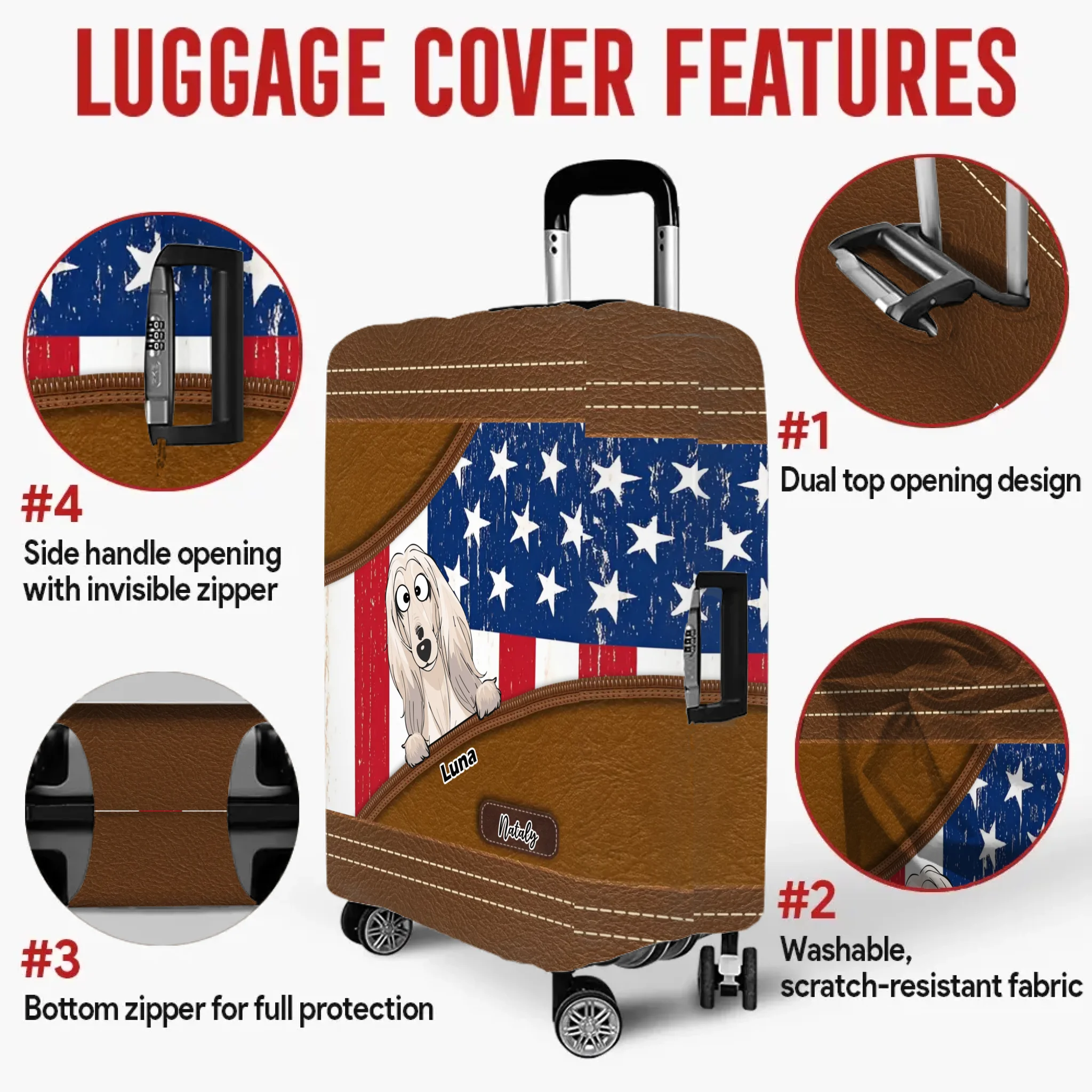 Stars & Stripes Pup Luggage Cover – Vintage USA Pet Illustration with Custom Name - 89Prints