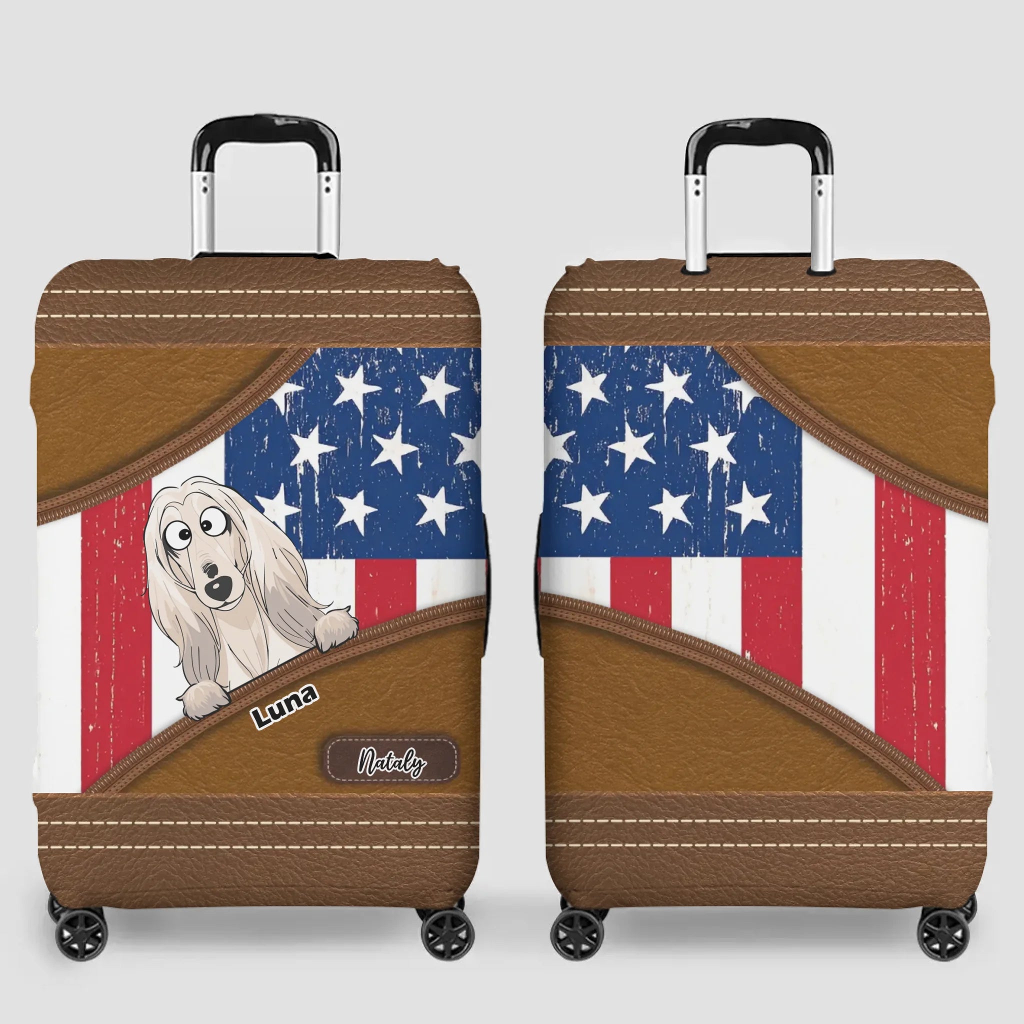 Stars & Stripes Pup Luggage Cover – Vintage USA Pet Illustration with Custom Name - 89Prints