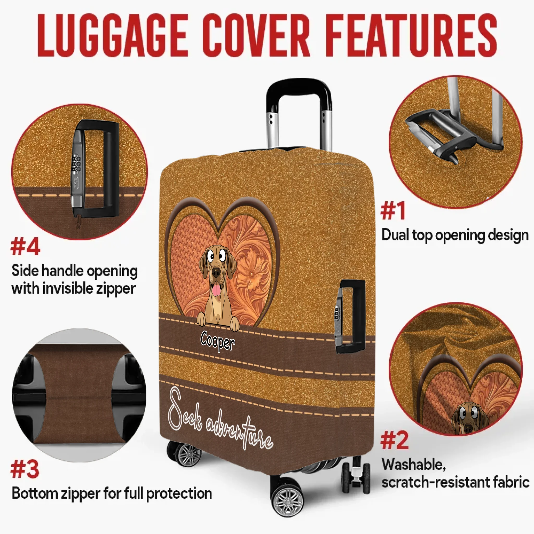 Seek Adventure Dog Luggage Cover – Heart Duo Pet Art with Custom Names - 89Prints