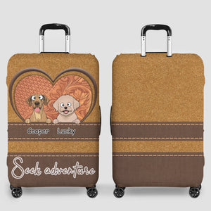 Seek Adventure Dog Luggage Cover – Heart Duo Pet Art with Custom Names - 89Prints