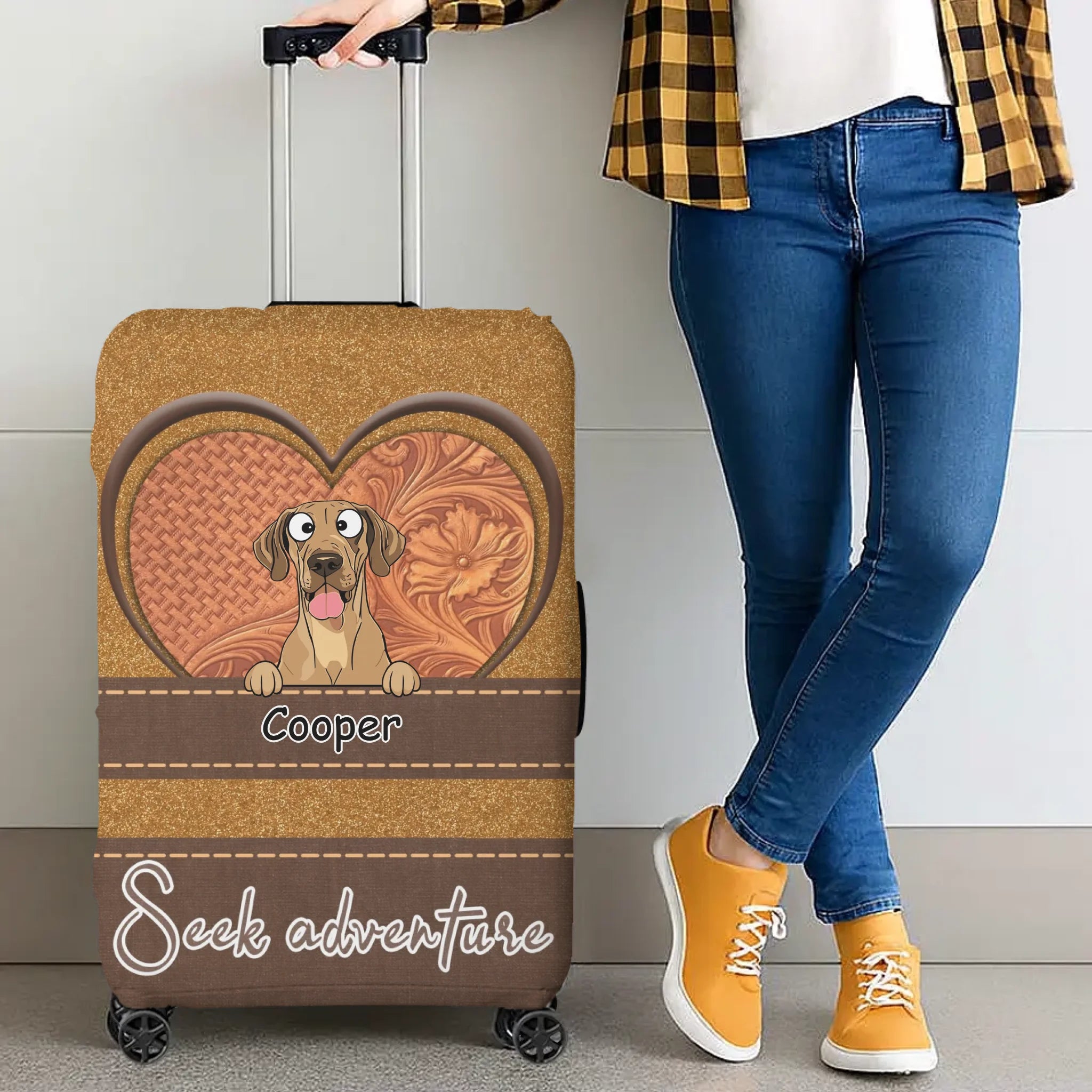 Seek Adventure Dog Luggage Cover – Heart Duo Pet Art with Custom Names - 89Prints
