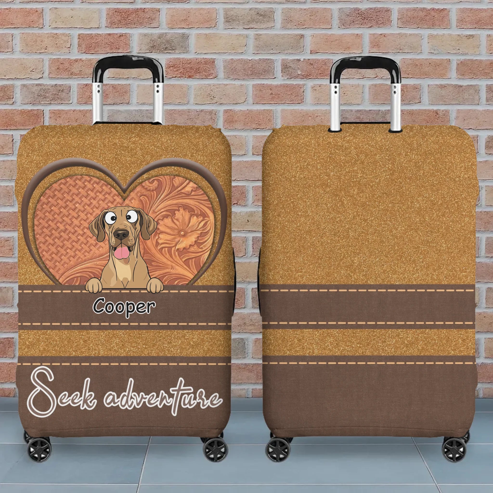 Seek Adventure Dog Luggage Cover – Heart Duo Pet Art with Custom Names - 89Prints
