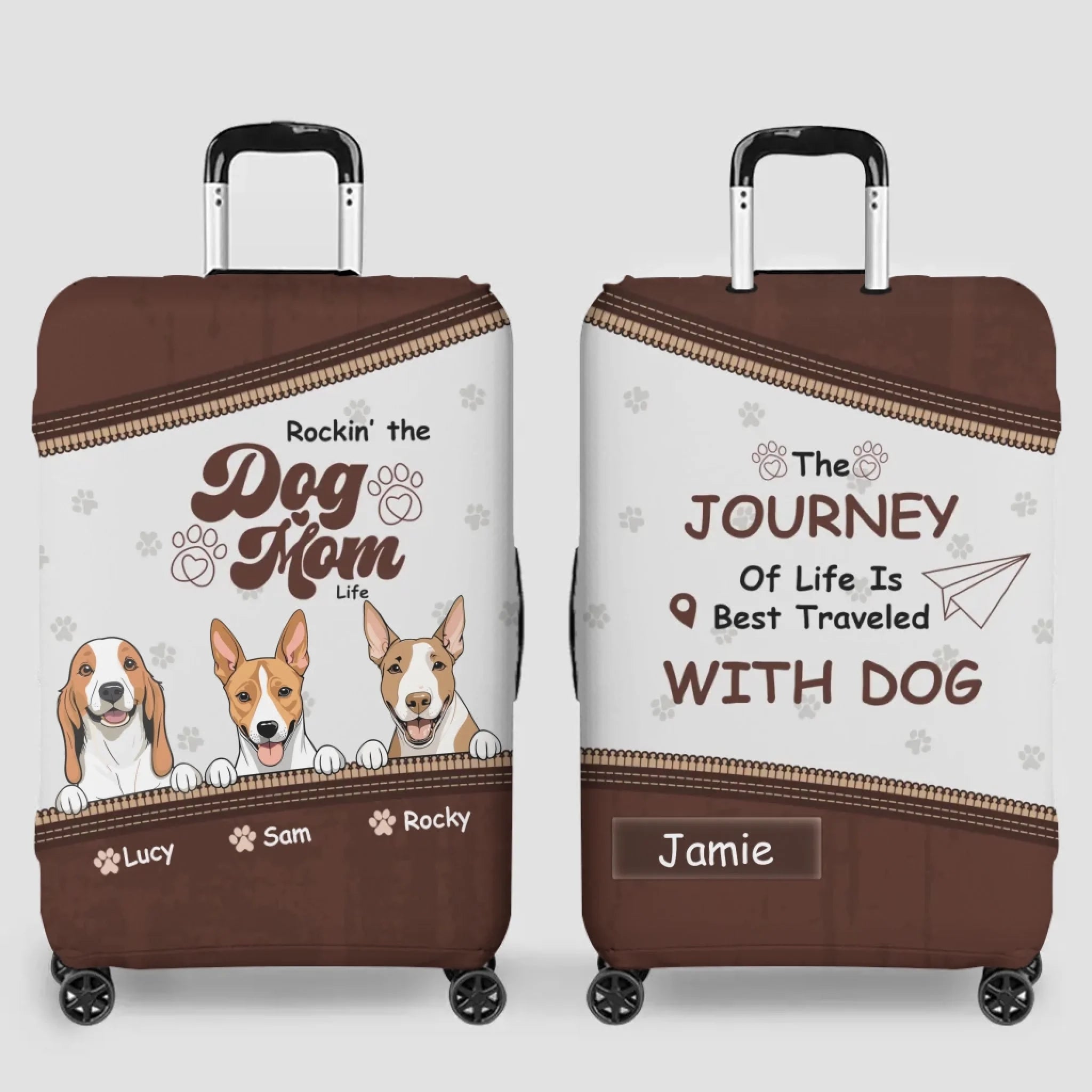 Rockin’ Dog Mom Travel Luggage Cover – Personalized Dog Art with Custom Names - 89Prints