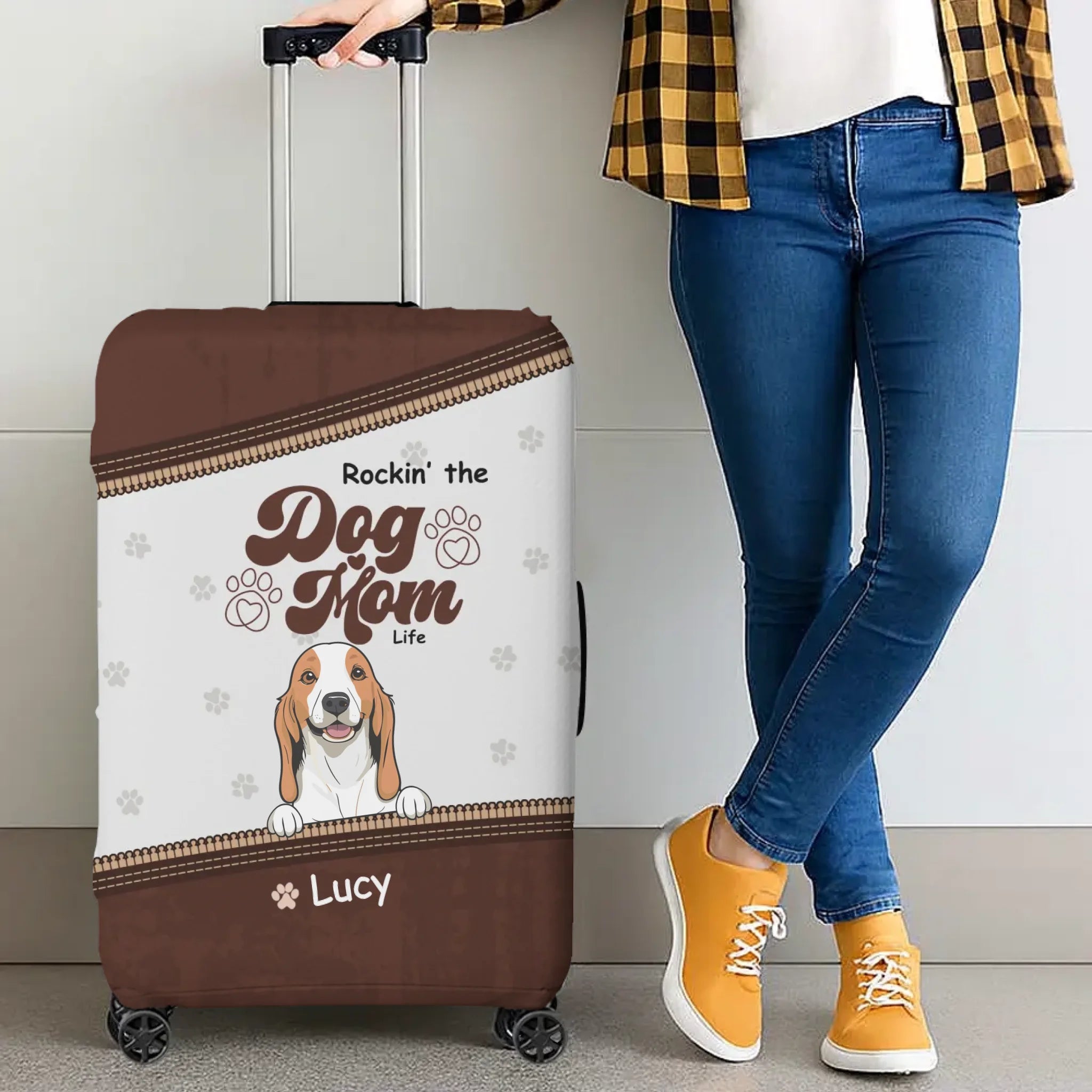 Rockin’ Dog Mom Travel Luggage Cover – Personalized Dog Art with Custom Names - 89Prints