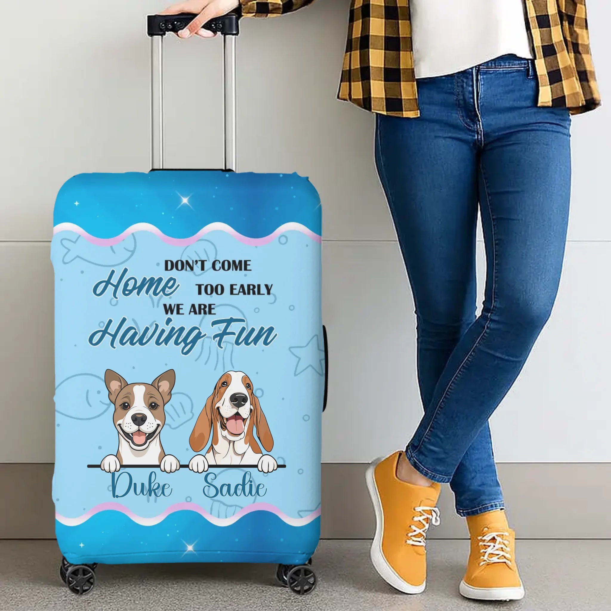 Ocean Fun Dog Luggage Cover - Don’t Come Home Too Early Design - Custom Name & Cute Illustration - 89Prints