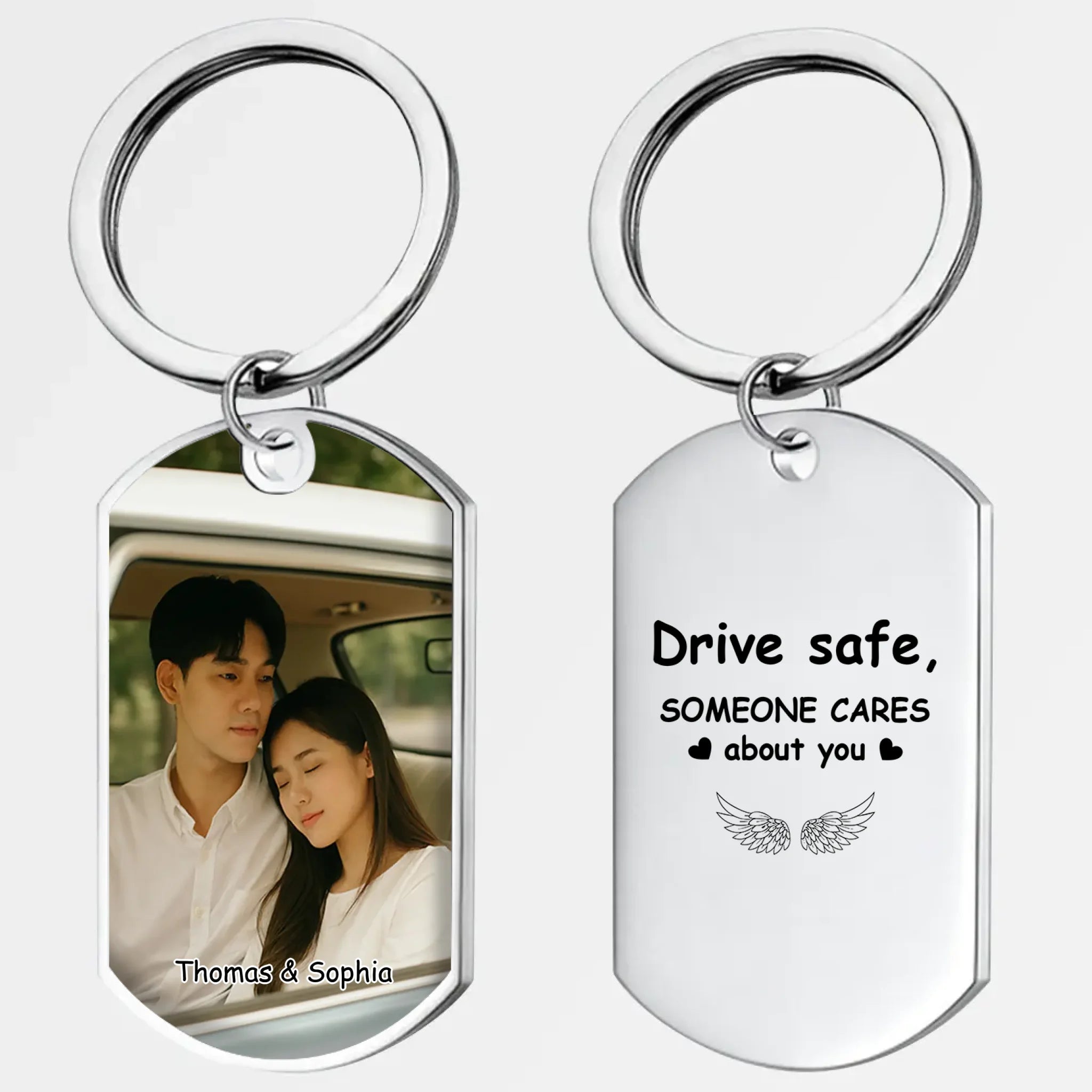 One-of-a-Kind Photo Keychain for Couples - Custom Name Engraved Drive Safe Keychain - 89Prints